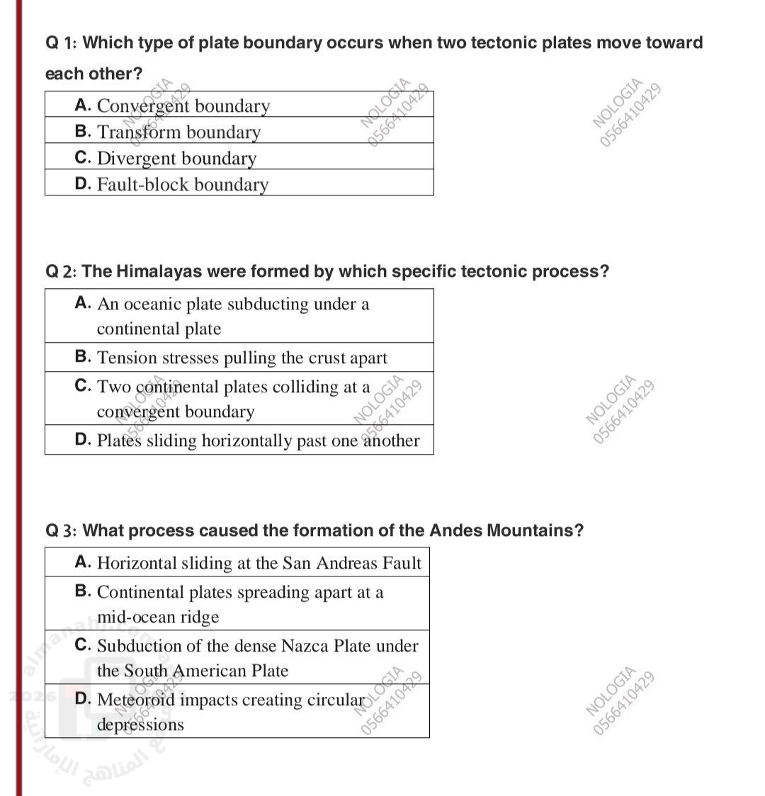 اختبار انسباير درس تشكيل سطح الأرض غير محلول