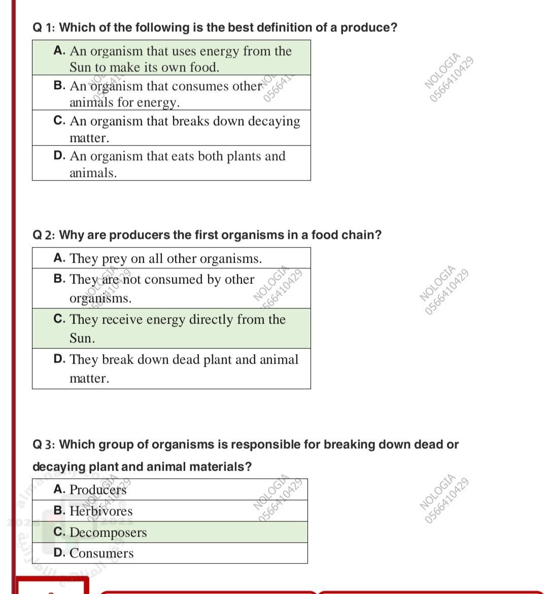 حلول اختبار انسباير انتقال الطاقة في النظم البيئية