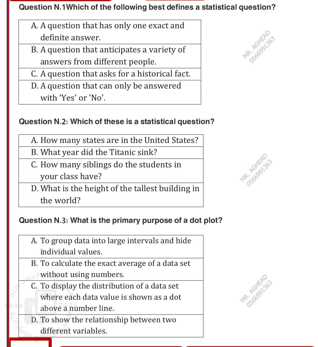 منهج ريفيل اختبار الوحدة العاشرة الإحصاء والتمثيلات البيانية غير محلول