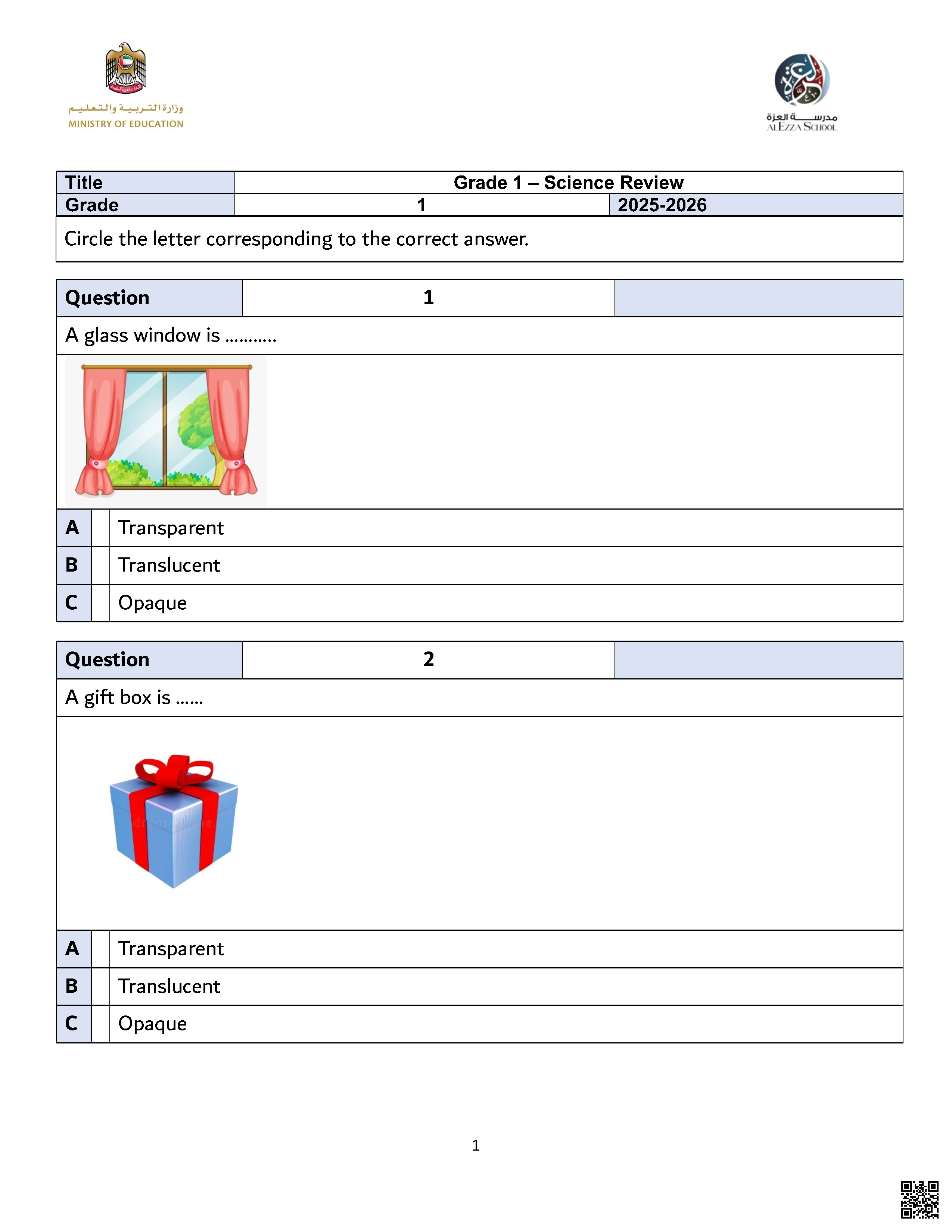 Grade 1 – Science Review
