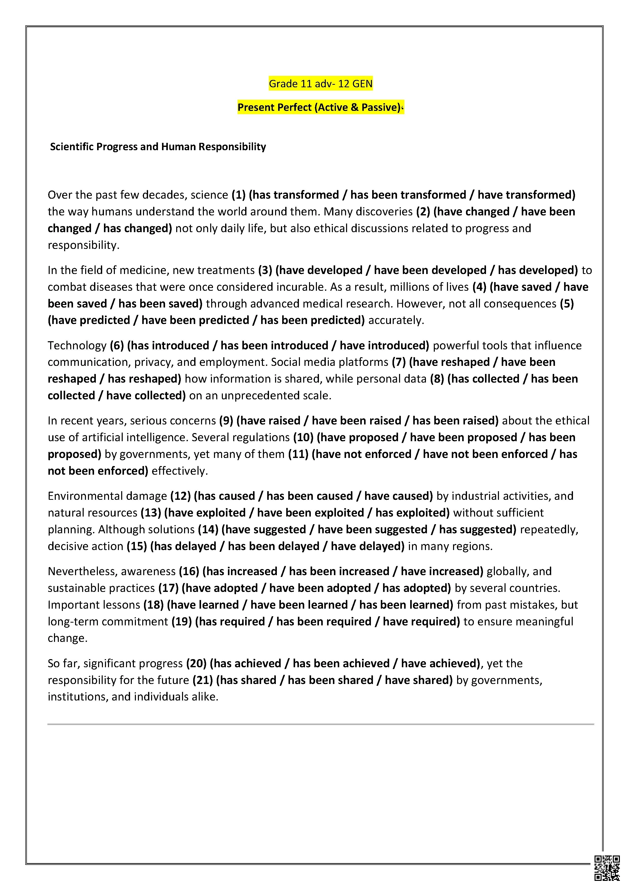  المقال ورقة عمل Present Perfect (Active & Passive) المسار المتقدم - لغة انجليزية - الصف الصف الحادي عشر - الفصل الفصل الثاني