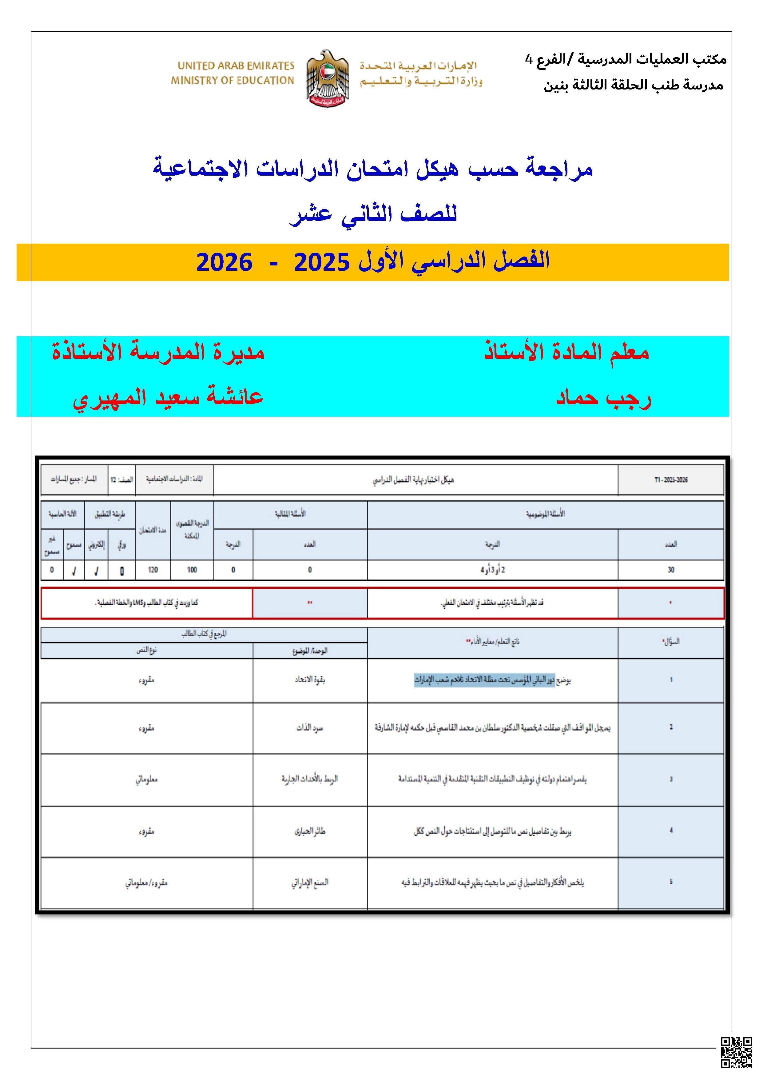 تدريبات نهائية وفق الهيكل الوزاري الجديد - اجتماعيات - الصف الصف الثاني عشر - الفصل الفصل الأول