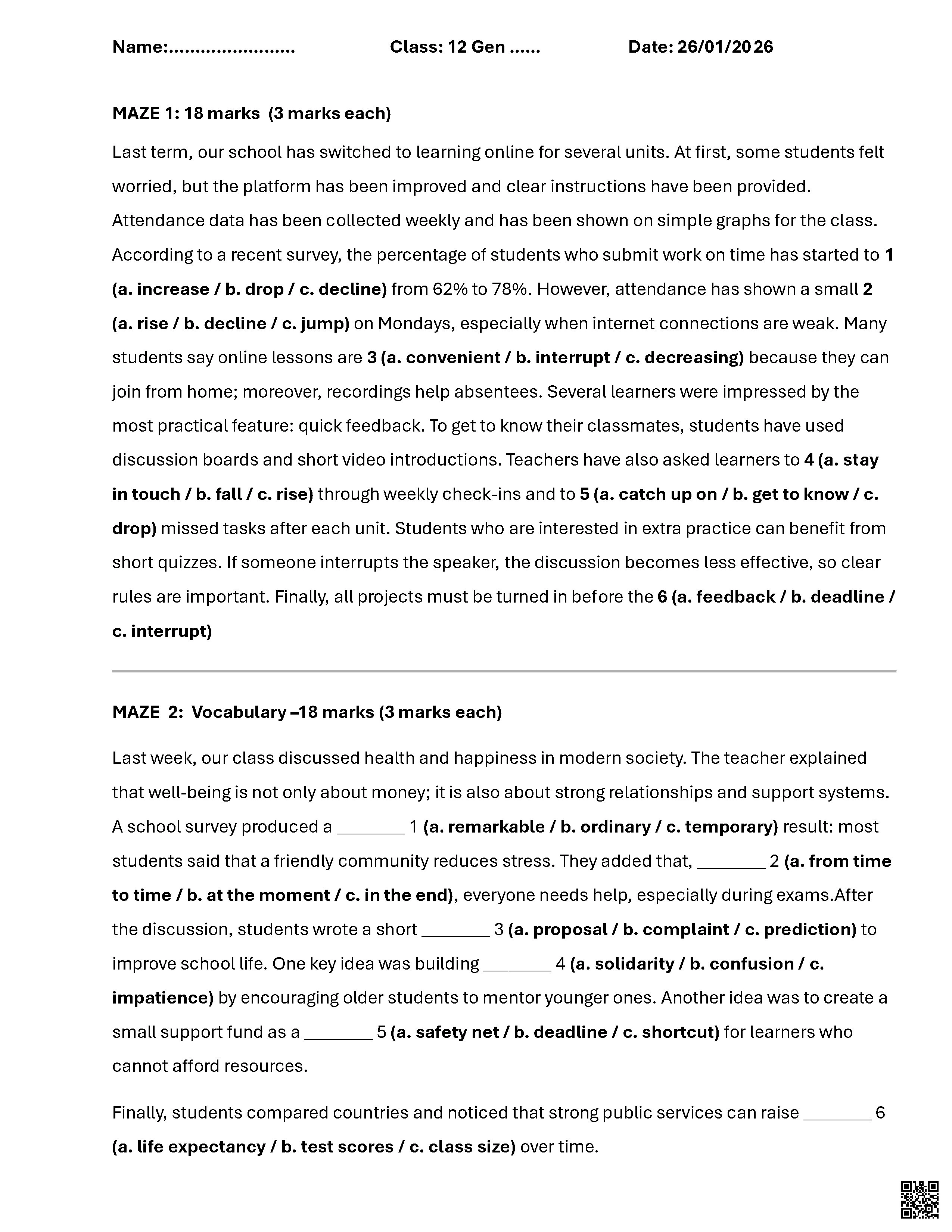 أسئلة اختبار Maze, Vocabulary, Grammar and Writing المسار العام - لغة انجليزية - الصف الصف الثاني عشر - الفصل الفصل الثاني