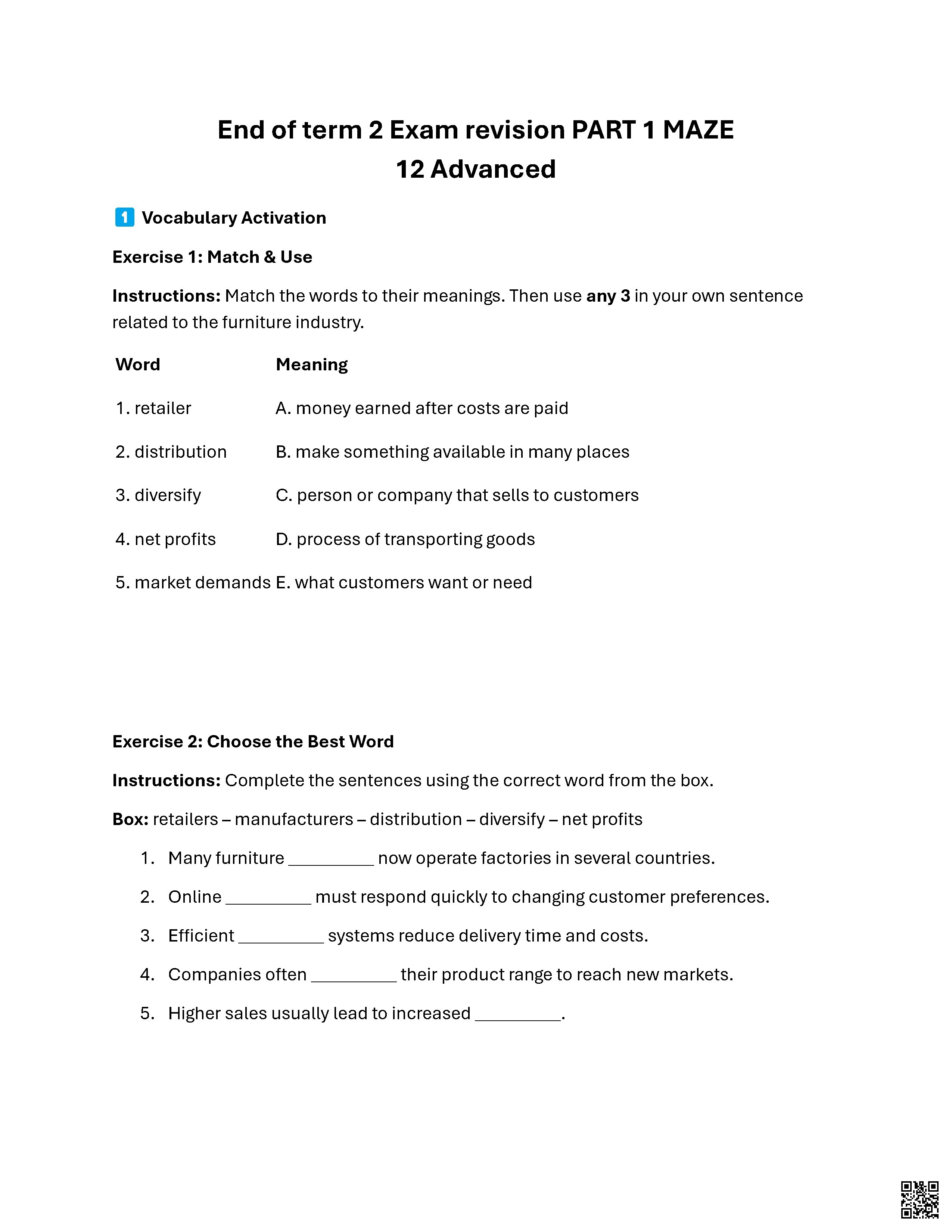 مراجعة نهائية Exam revision PART 1 MAZE المسار المتقدم - لغة انجليزية - الصف الصف الثاني عشر - الفصل الفصل الثاني