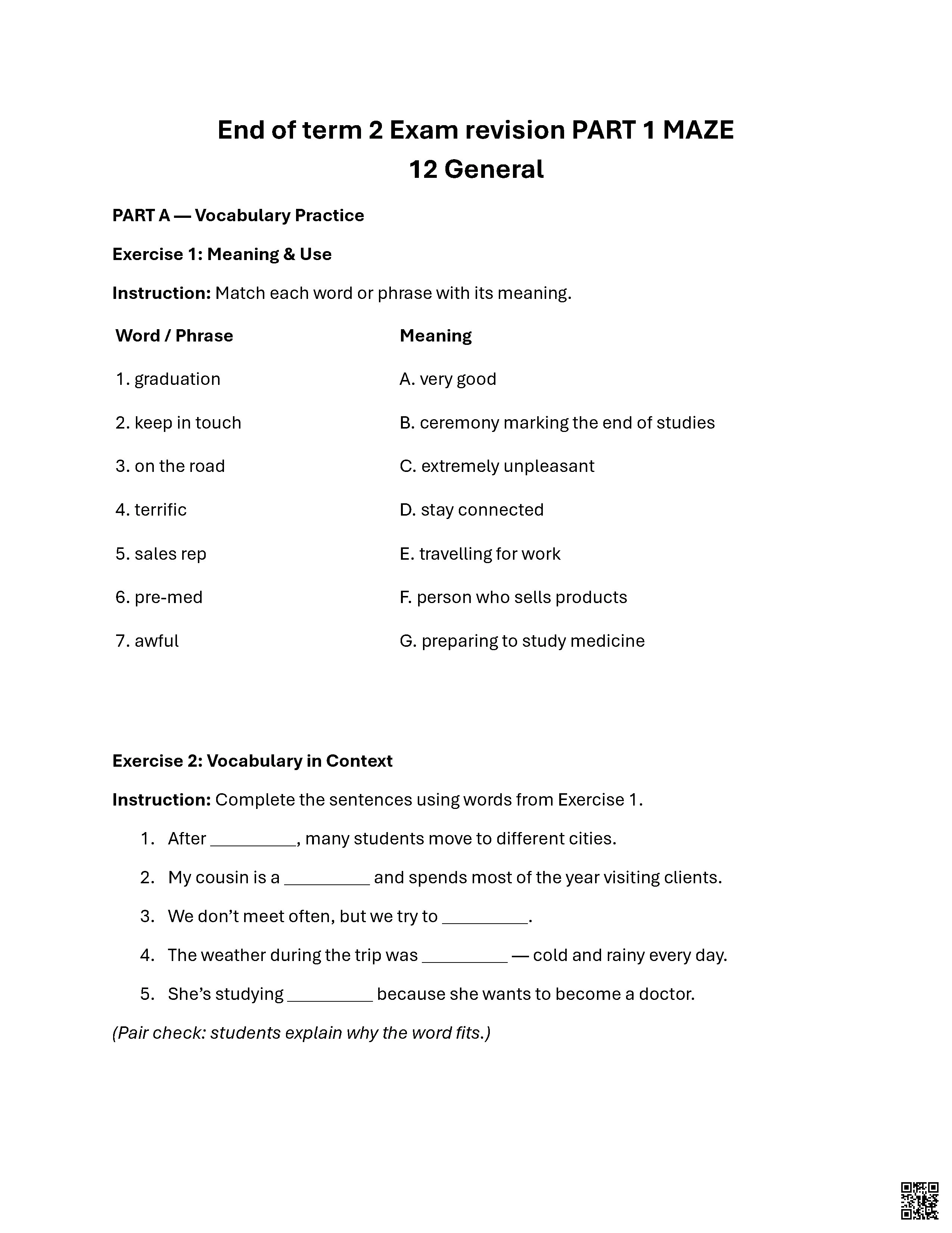 مراجعة نهائية Exam revision PART 1 MAZE المسار العام - لغة انجليزية - الصف الصف الثاني عشر - الفصل الفصل الثاني