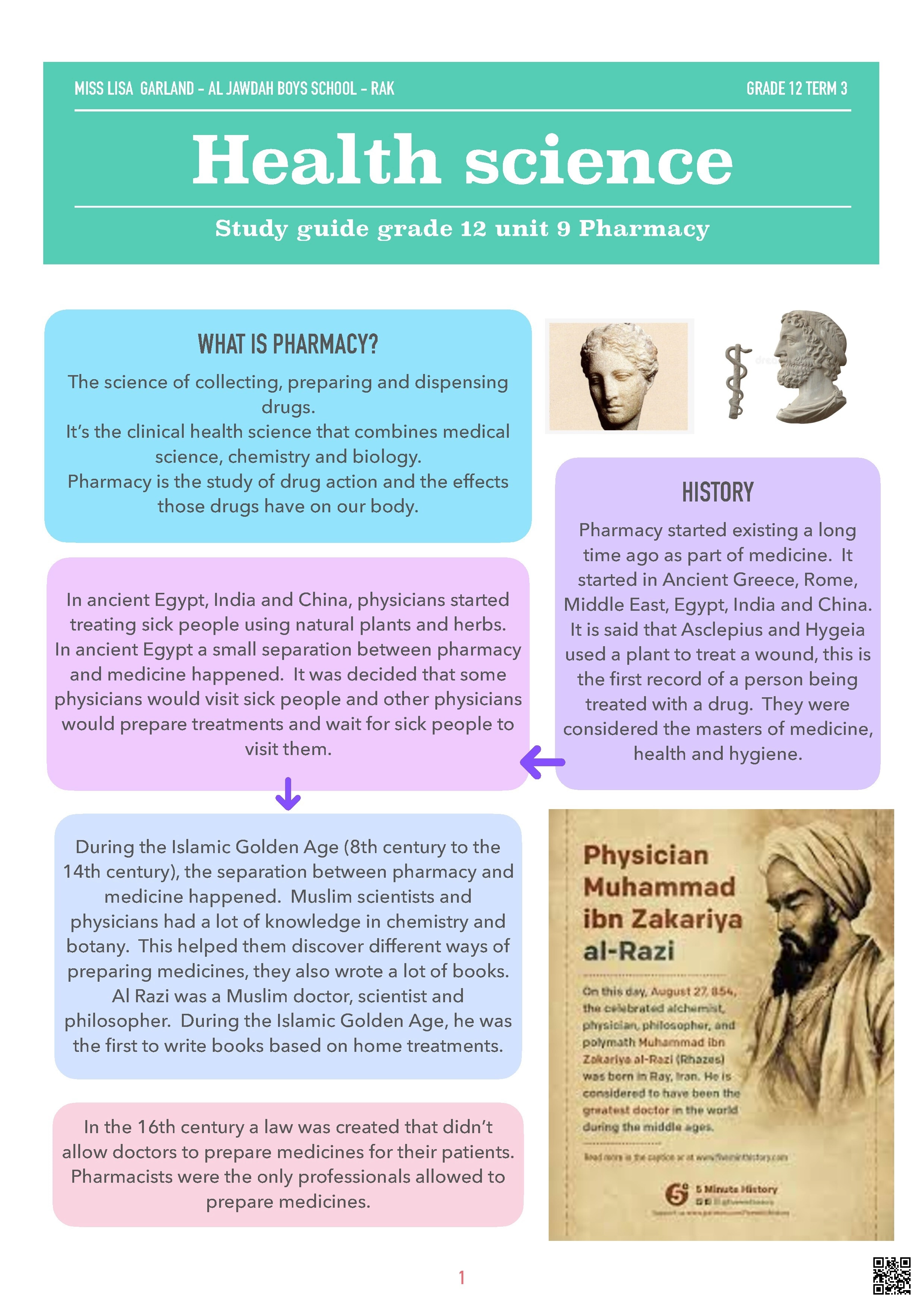 مذكرة الوحدة التاسعة Study guide : Pharmacy الصيدلية - علوم صحية - الصف الصف الثاني عشر - الفصل الفصل الثالث