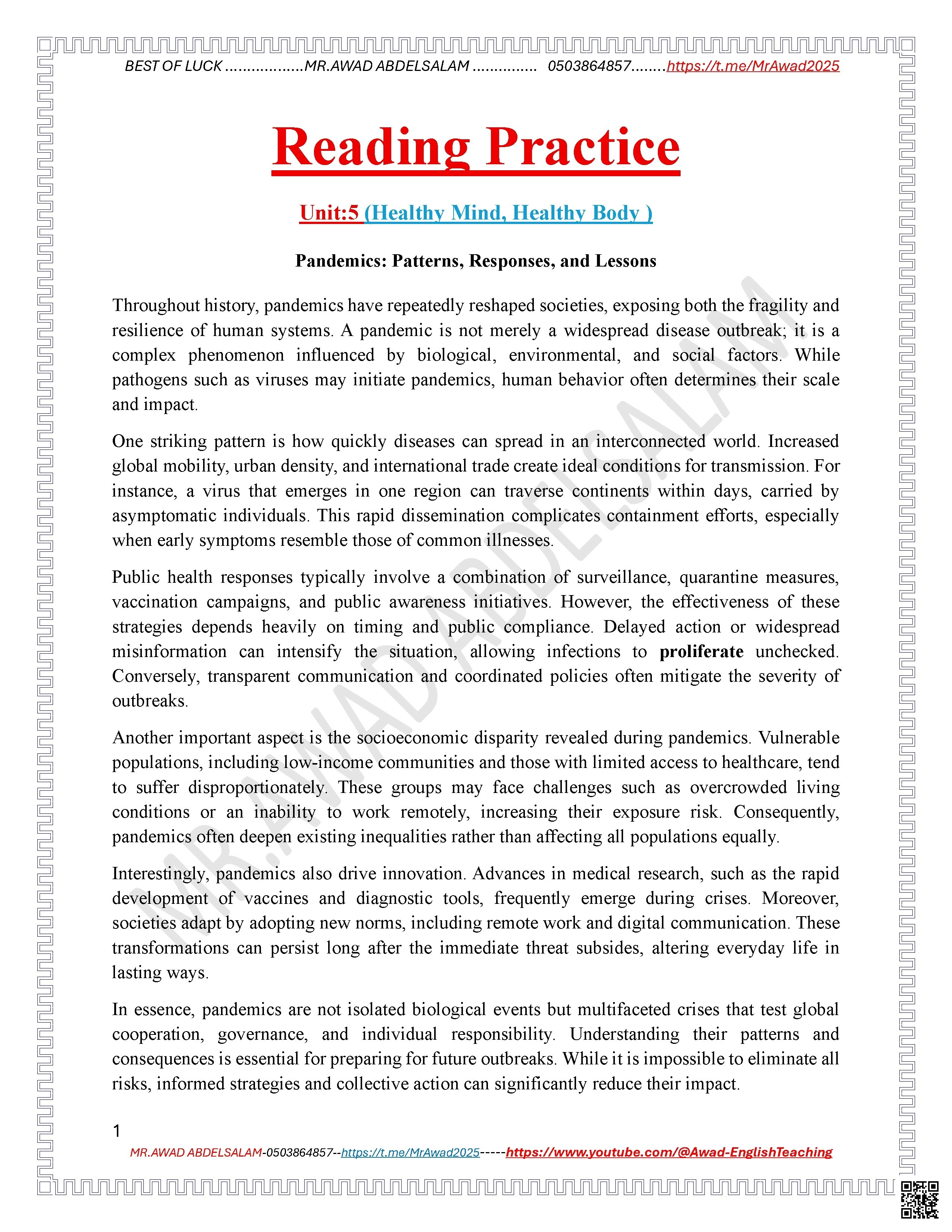 تمرين قراءة Reading Practice للوحدة الخامسة Healthy mind, healthy body المسار المتقدم