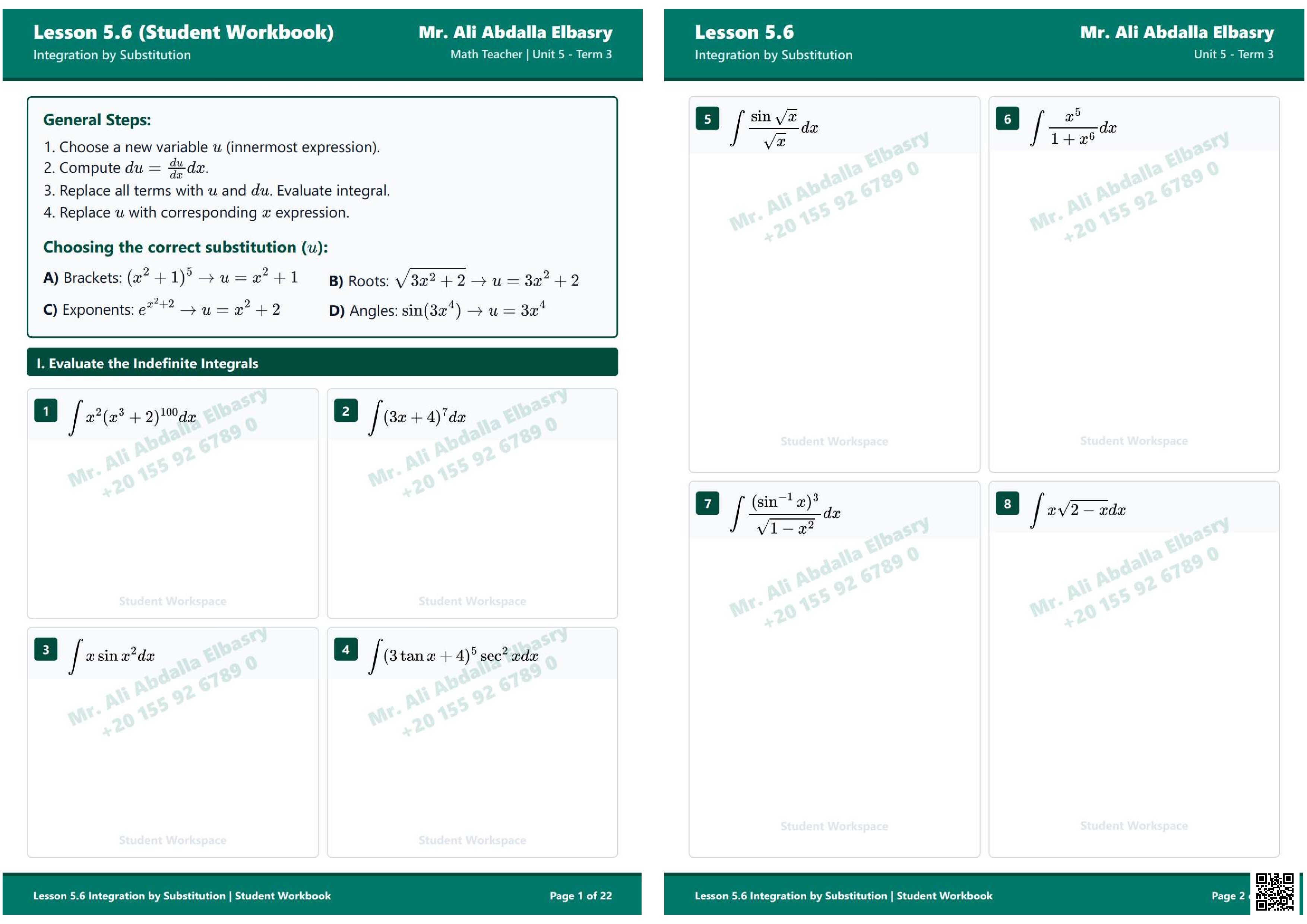 كراسة تمارين التكامل بالتعويض الاستبدال في التفاضل والتكامل غير محلول