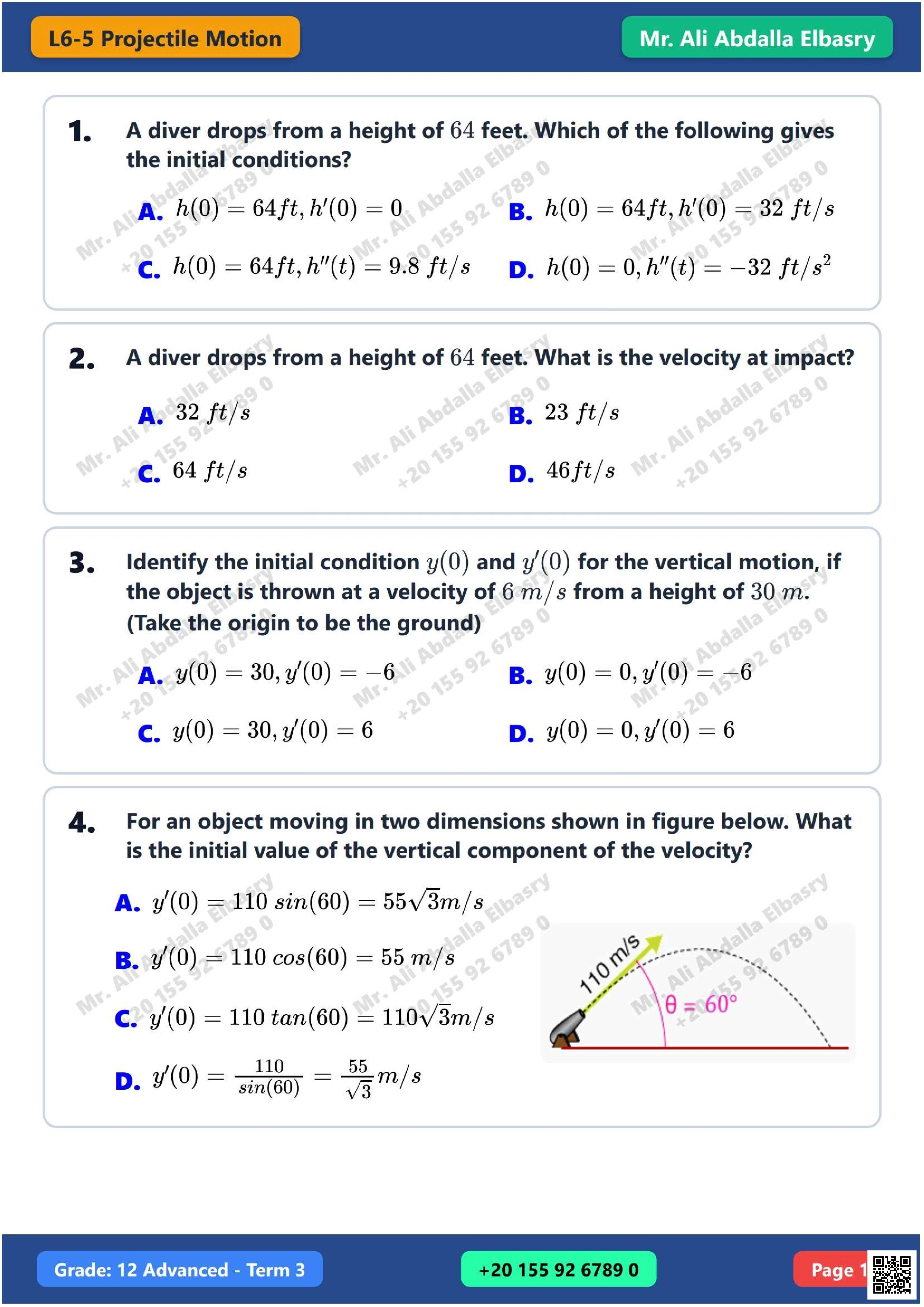 أسئلة امتحانات سابقة الدرس الخامس Projectile Motion من الوحدة السادسة
