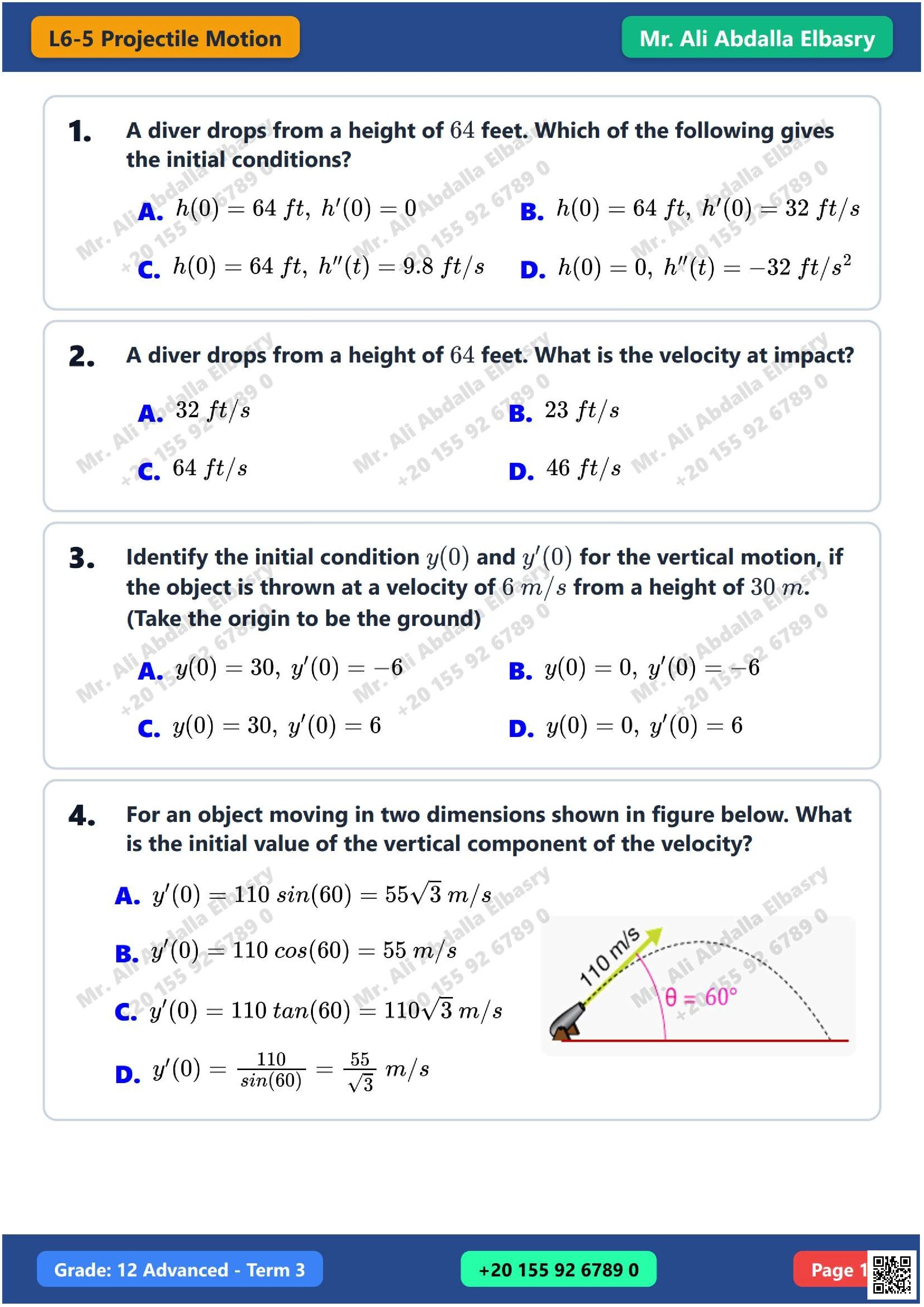 حل أسئلة امتحانات سابقة الدرس الخامس Projectile Motion من الوحدة السادسة