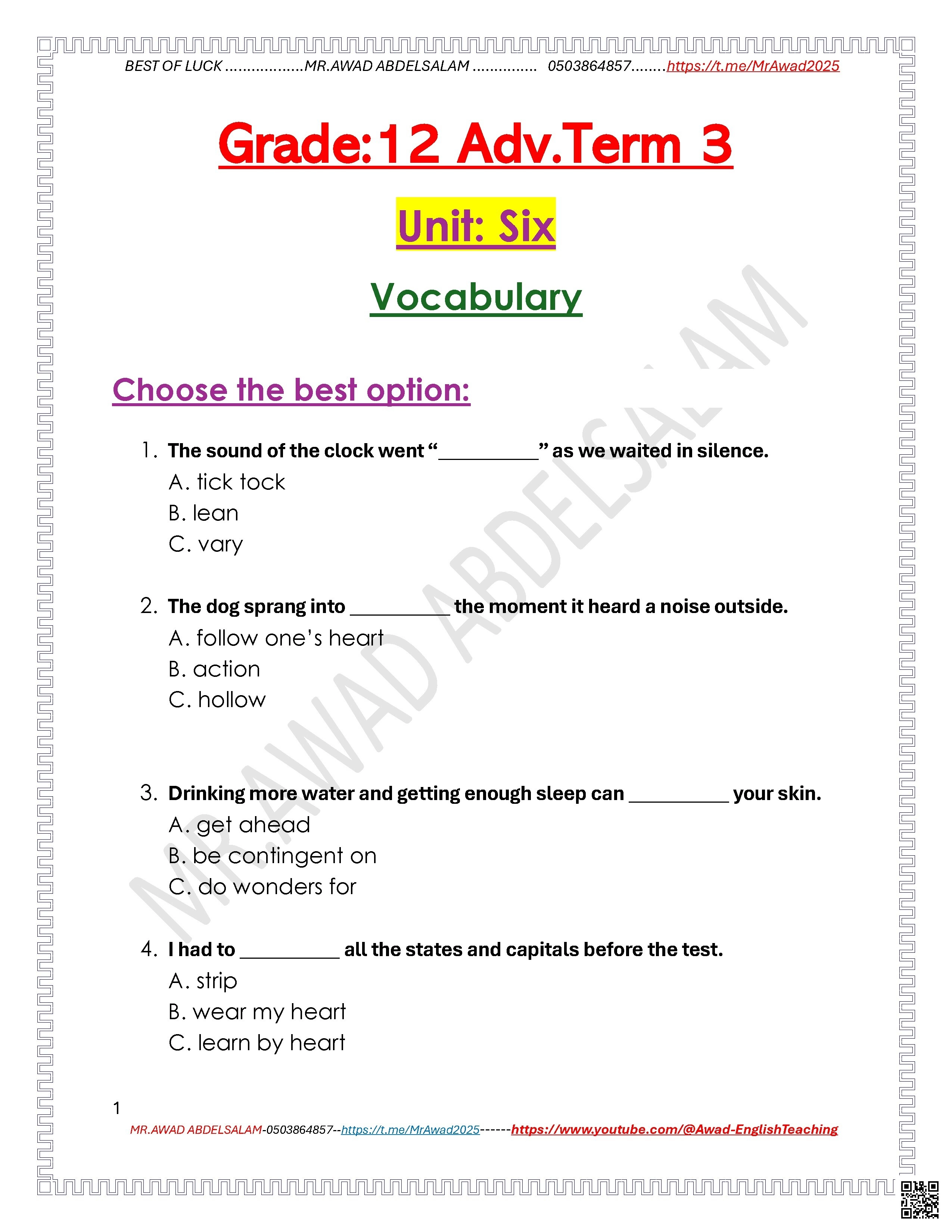 Unit Six Vocabulary Exercises