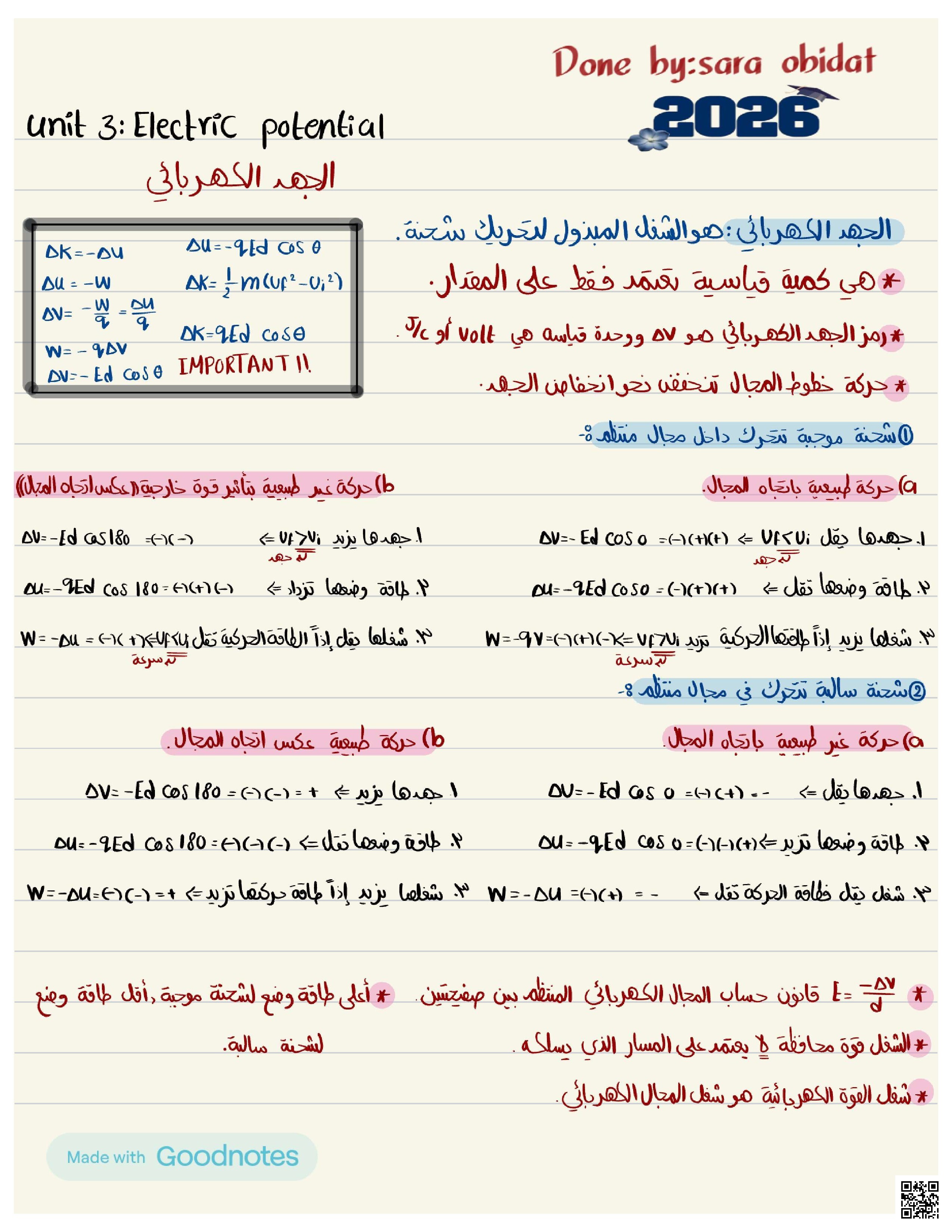 ملخص الوحدة الثالثة: الجهد الكهربائي