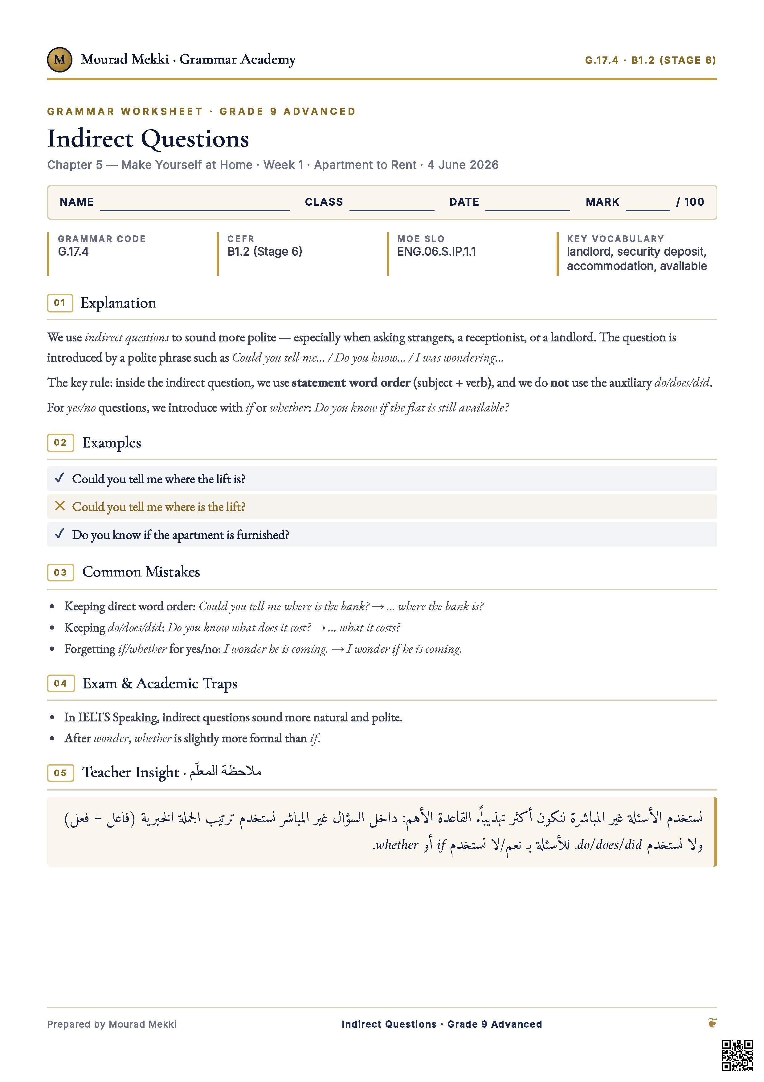 Indirect Questions and Adverbs of Sequencing