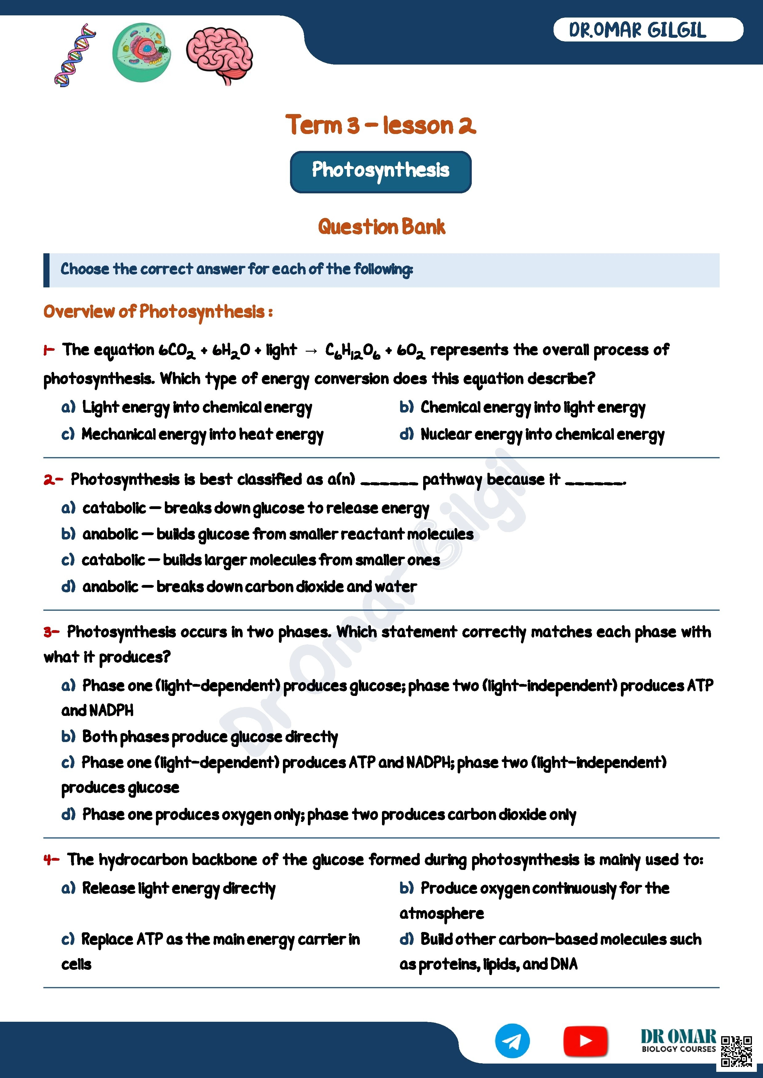 Photosynthesis Question Bank