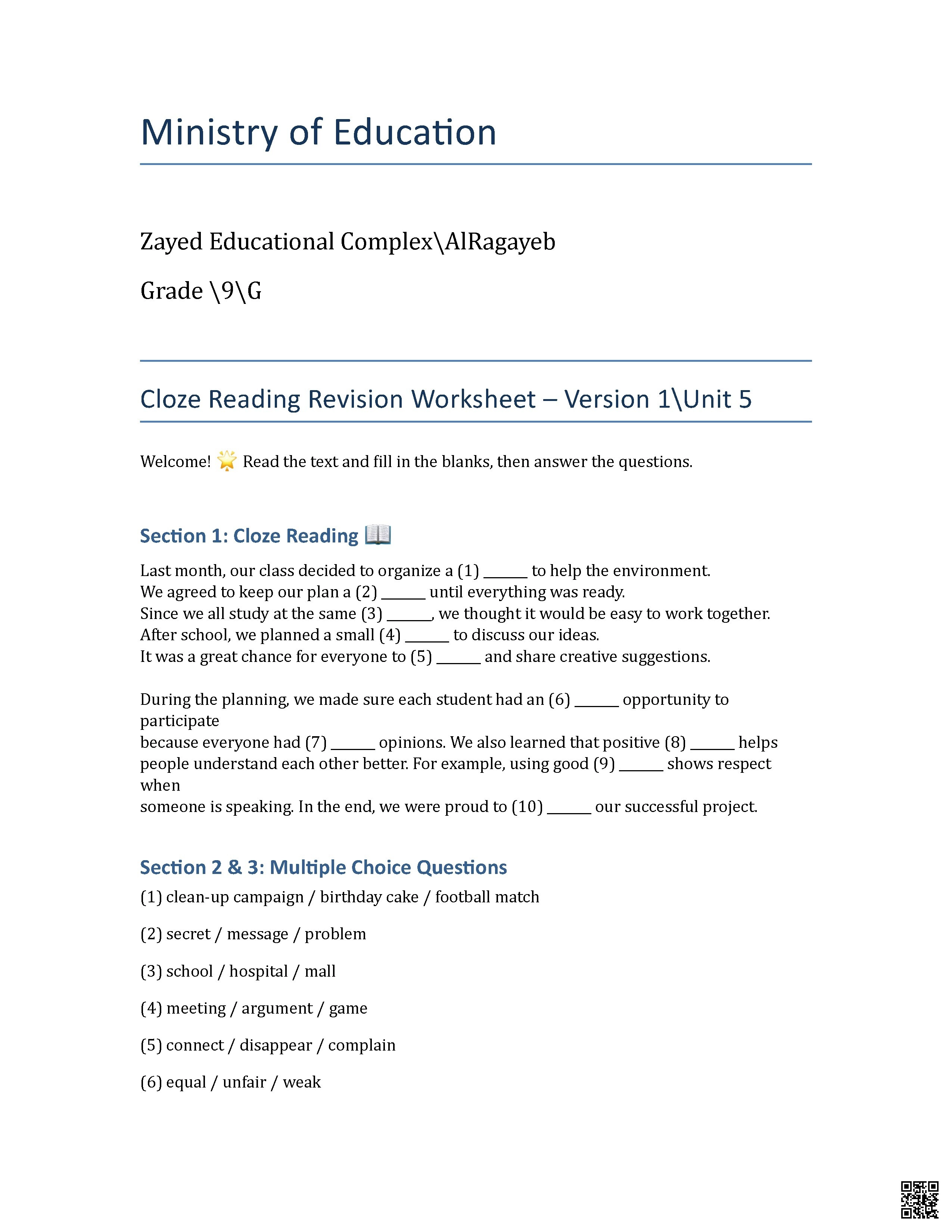 Cloze Reading Revision Worksheet