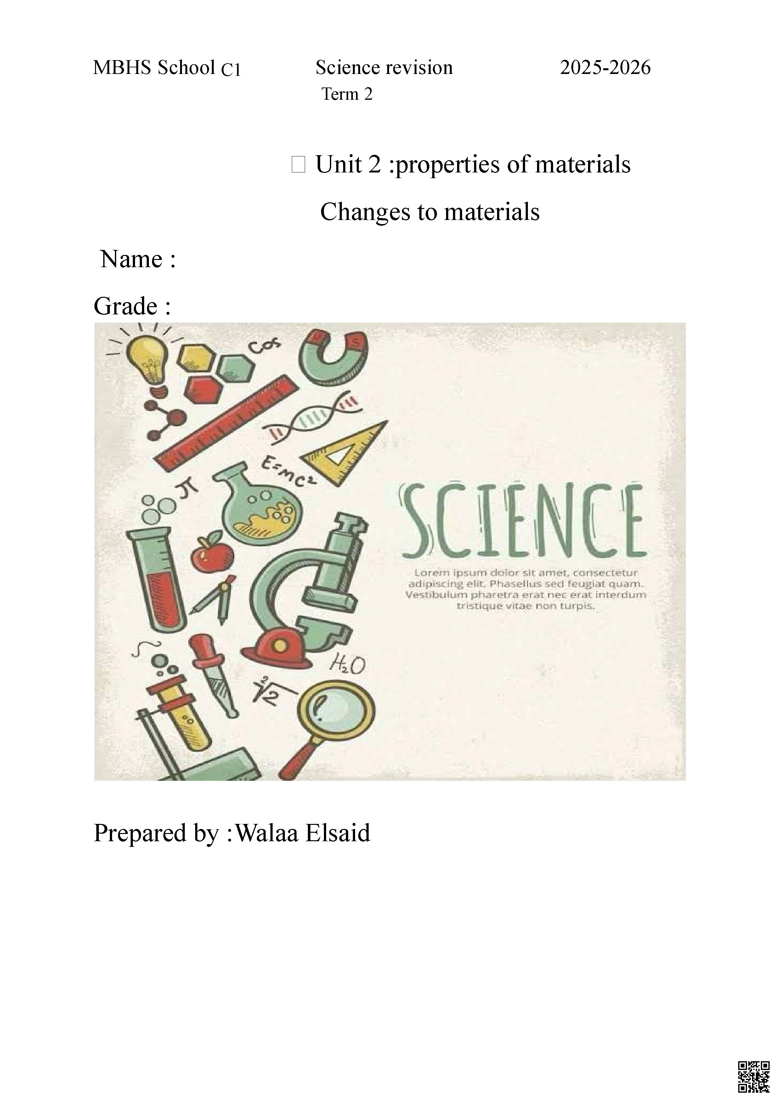 حل مراجعة وحدة Properties of Materials منهج انسباير Inspire - علوم - الصف الصف الثاني - الفصل الفصل الثاني