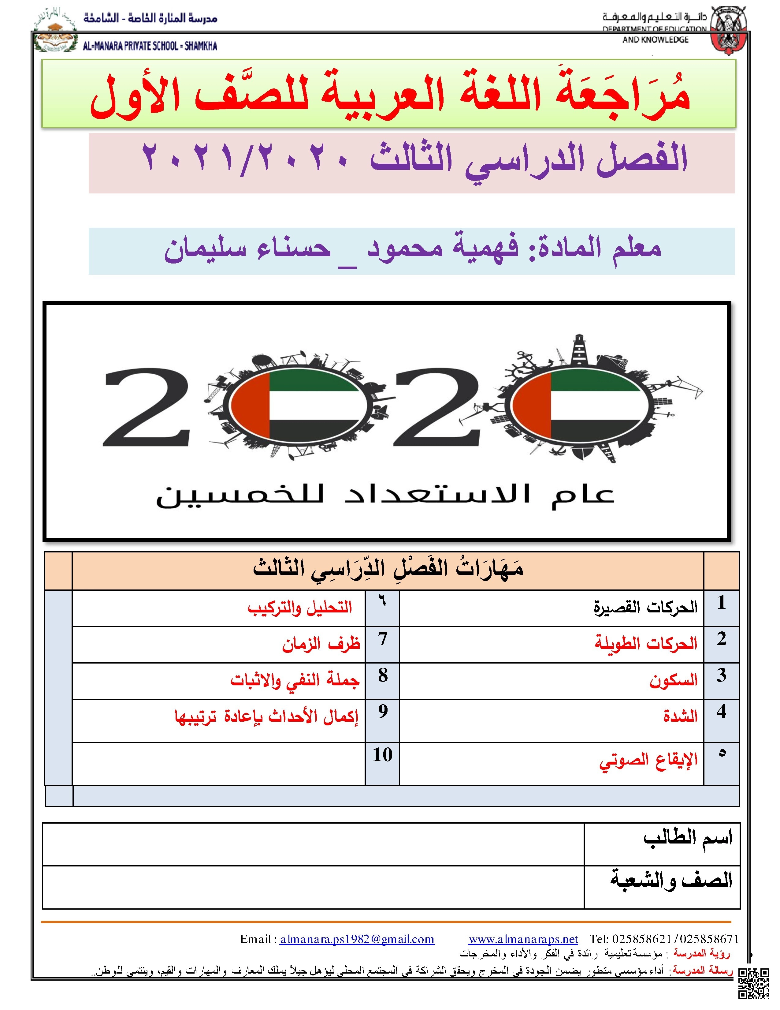 مراجعة الحركات القصيرة والطويلة والسكون والشدة والإيقاع الصوتي بالإضافة للتحليل والتركيب وظرف الزمان