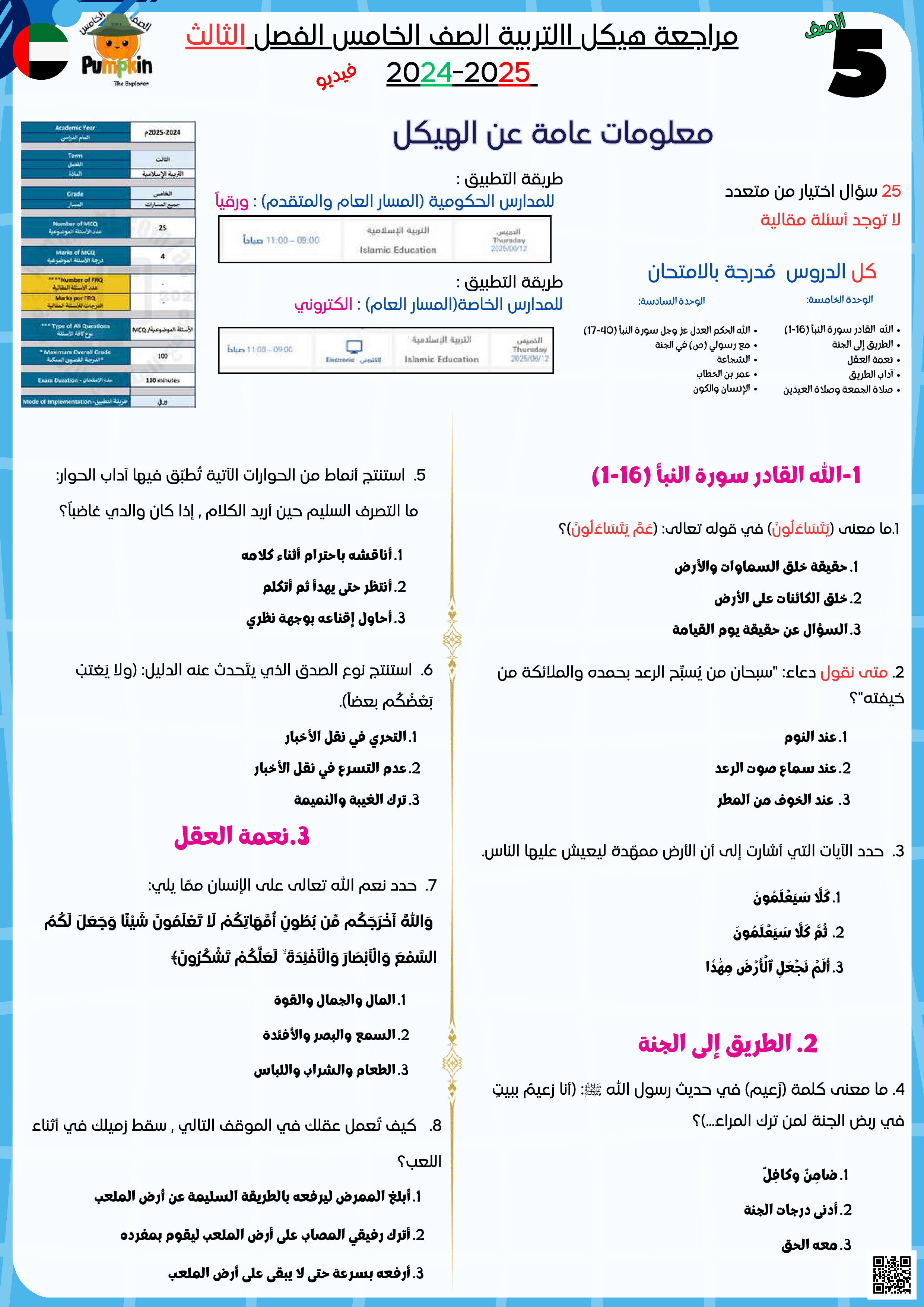مراجعة هيكل  الامتحان النهائي لمادة التربية الإسلامية مع الحل - تربية اسلامية - الصف الصف الخامس - الفصل الفصل الثالث