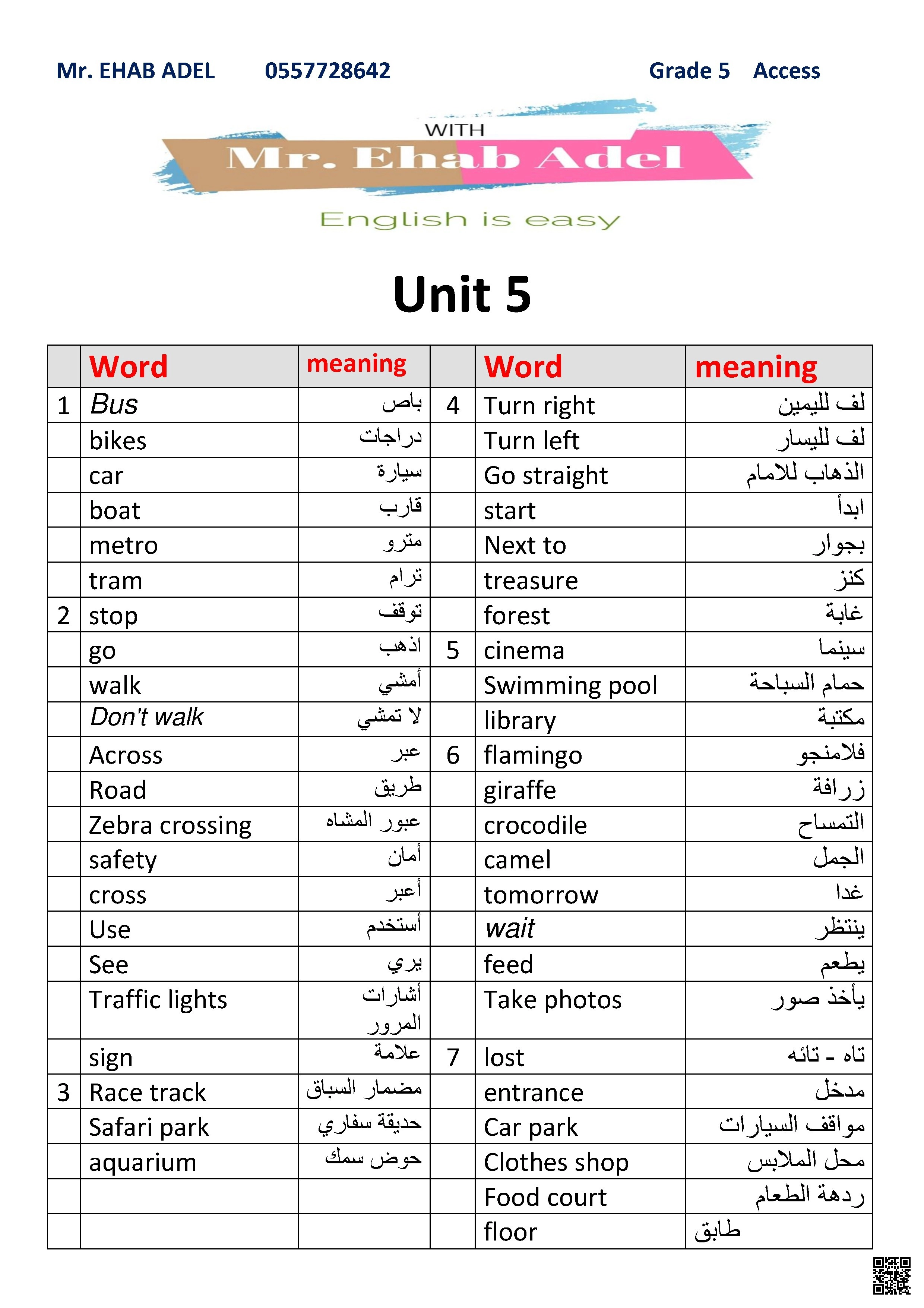 قائمة مفردات Unit 5 Getting around الوحدة الخامسة مع الترجمة منهج أكسس - لغة انجليزية - الصف الصف الخامس - الفصل الفصل الثاني
