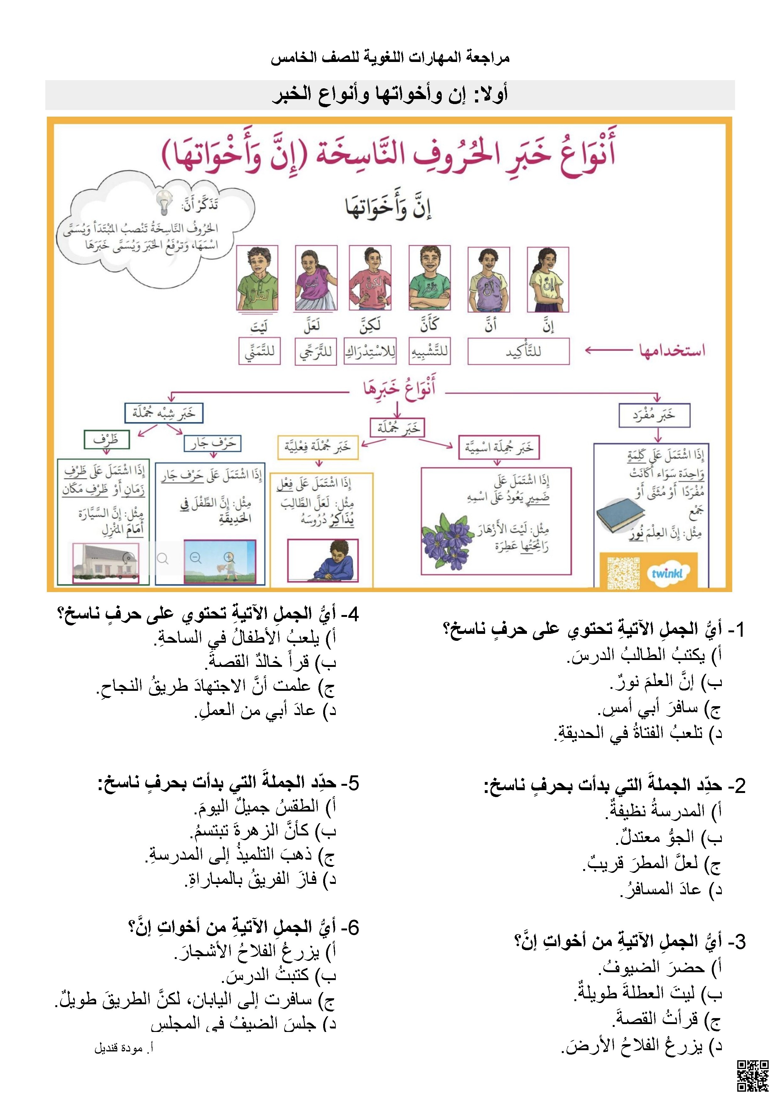 مراجعة المهارات اللغوية: إن وأخواتها والهمزة والترادف والتضاد