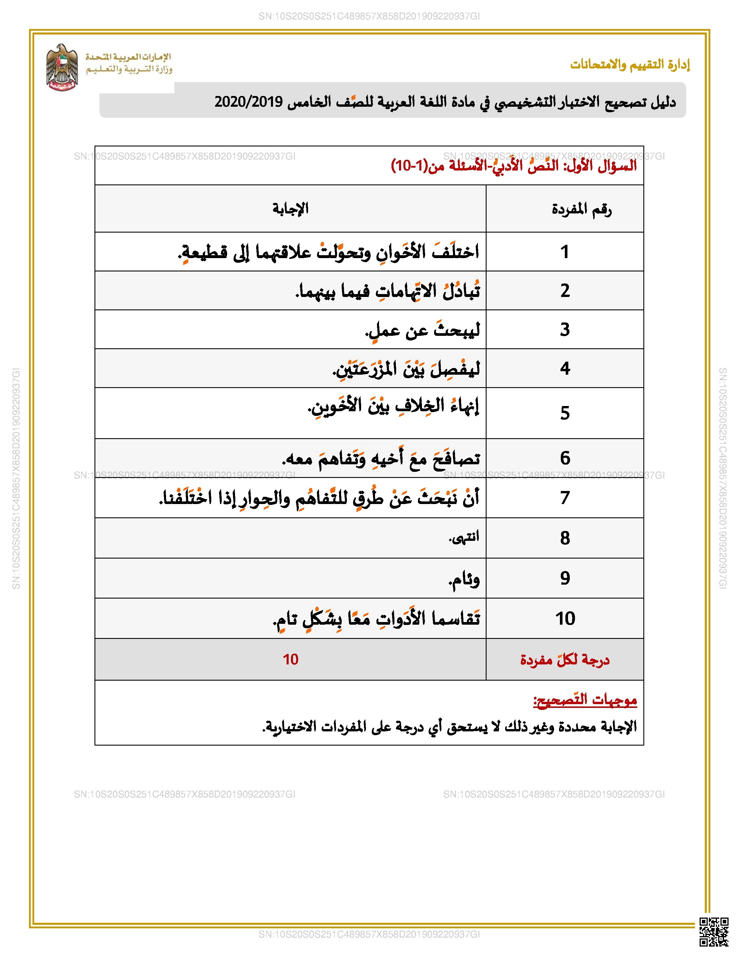 دليل تصحيح الاختبار التشخيصي