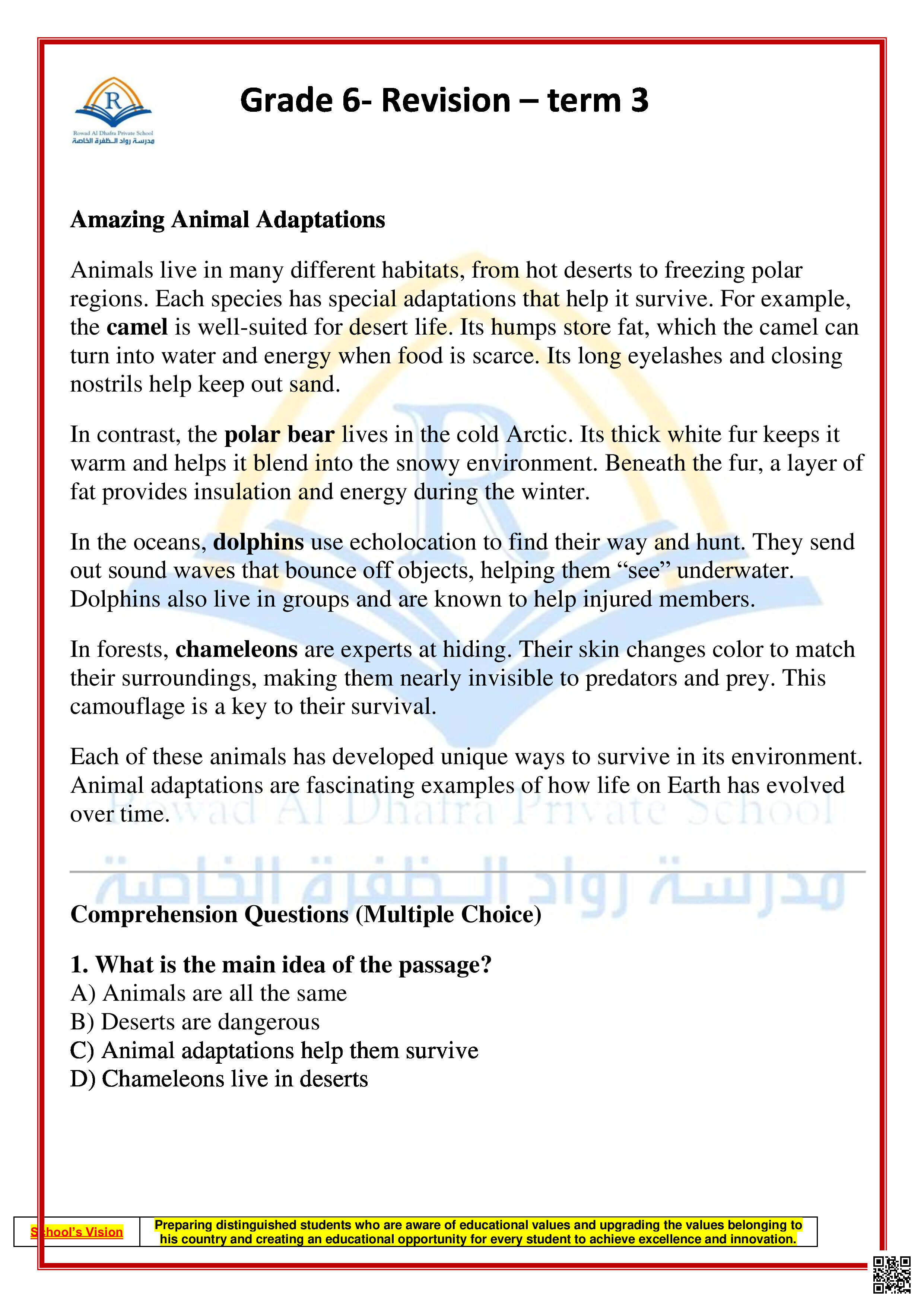 أوراق عمل مراجعة 1 قراءة وكتابة استعداداً للامتحان النهائي - لغة انجليزية - الصف الصف السادس - الفصل الفصل الثالث