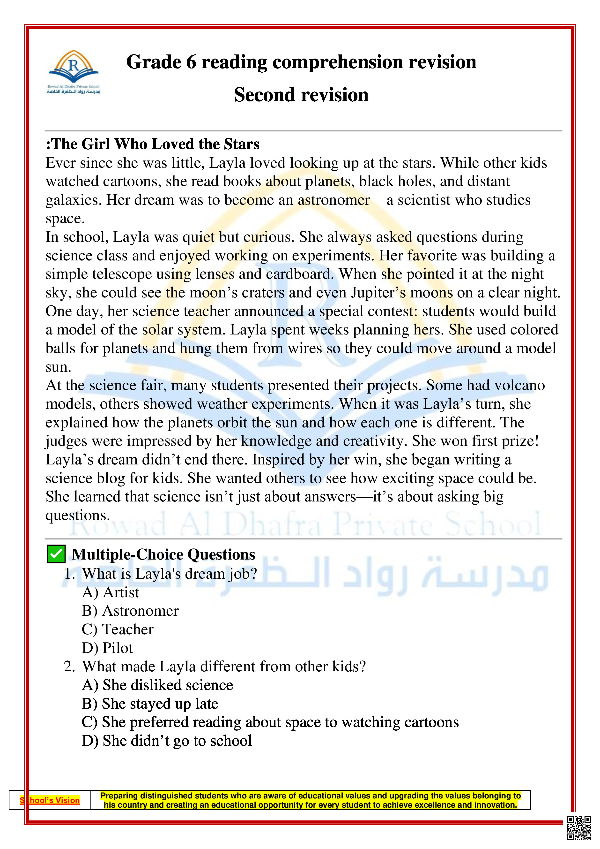أوراق عمل مراجعة 2 قراءة وكتابة استعداداً للامتحان النهائي - لغة انجليزية - الصف الصف السادس - الفصل الفصل الثالث