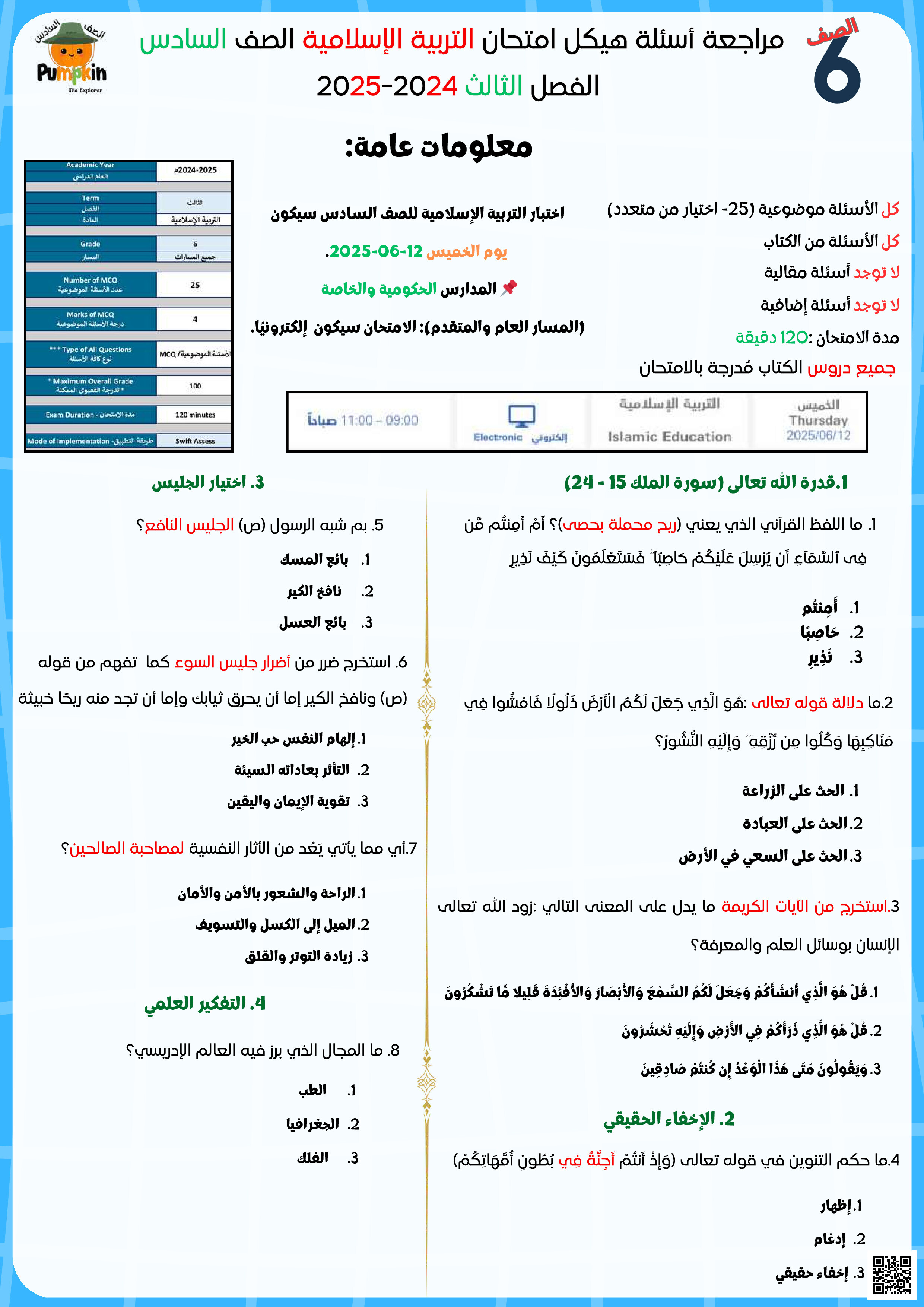 مراجعة هيكل الامتحان النهائي للتربية الإسلامية للصف السادس مع الحل - تربية اسلامية - الصف الصف السادس - الفصل الفصل الثالث