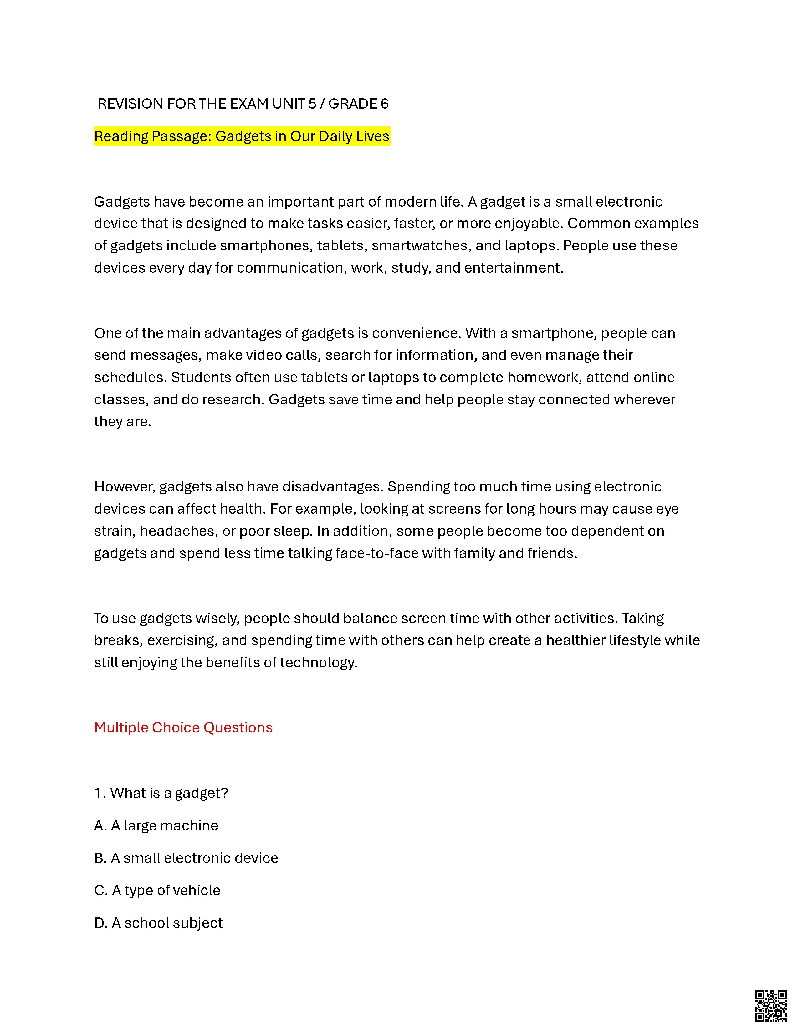 مراجعة الوحدة الخامسة Gadgets in Our Daily Lives بدون الحل - لغة انجليزية - الصف الصف السادس - الفصل الفصل الثاني