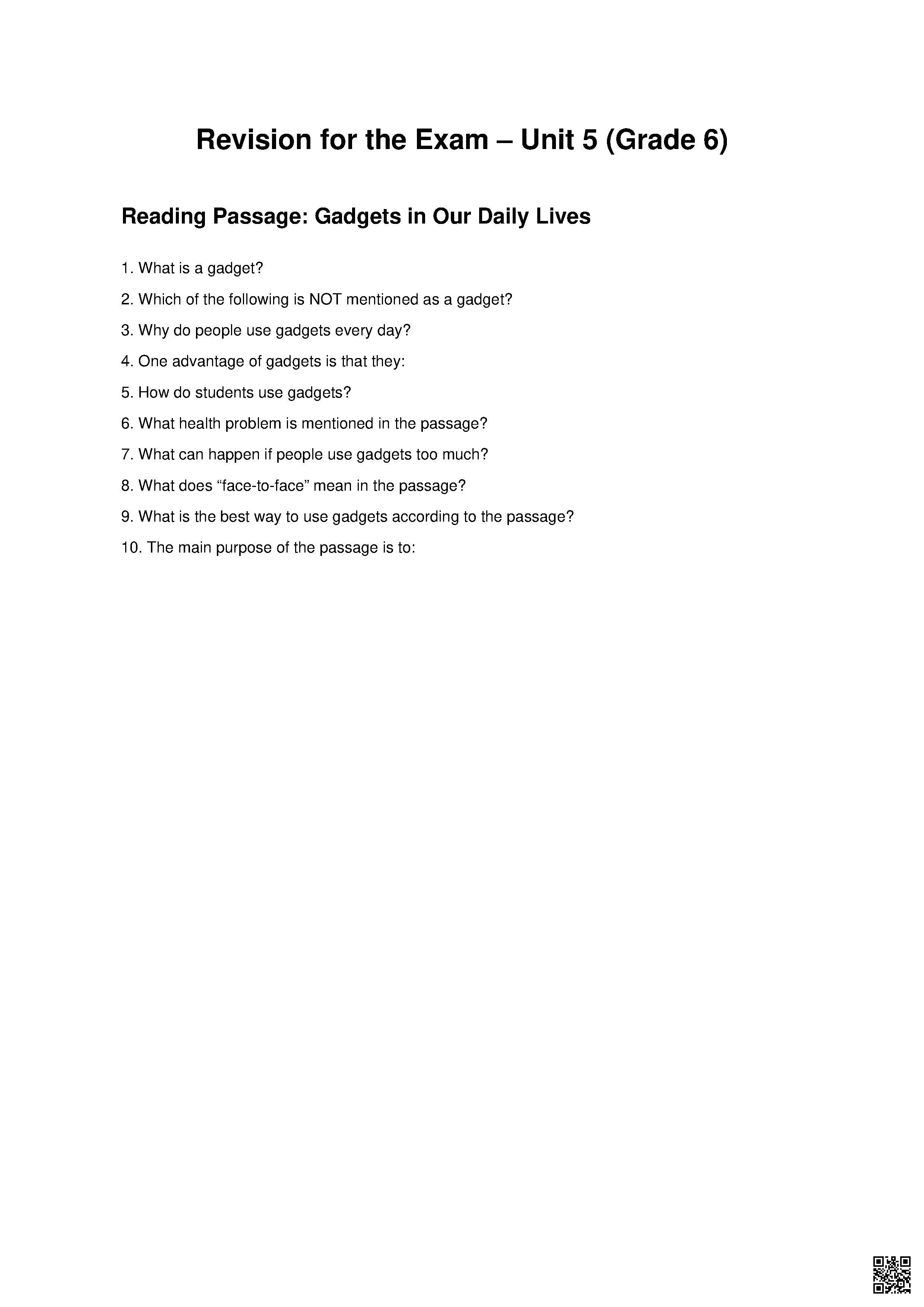 اختبار قصير الوحدة الخامسة Gadgets in Our Daily Lives متبوعة بالحل - لغة انجليزية - الصف الصف السادس - الفصل الفصل الثاني