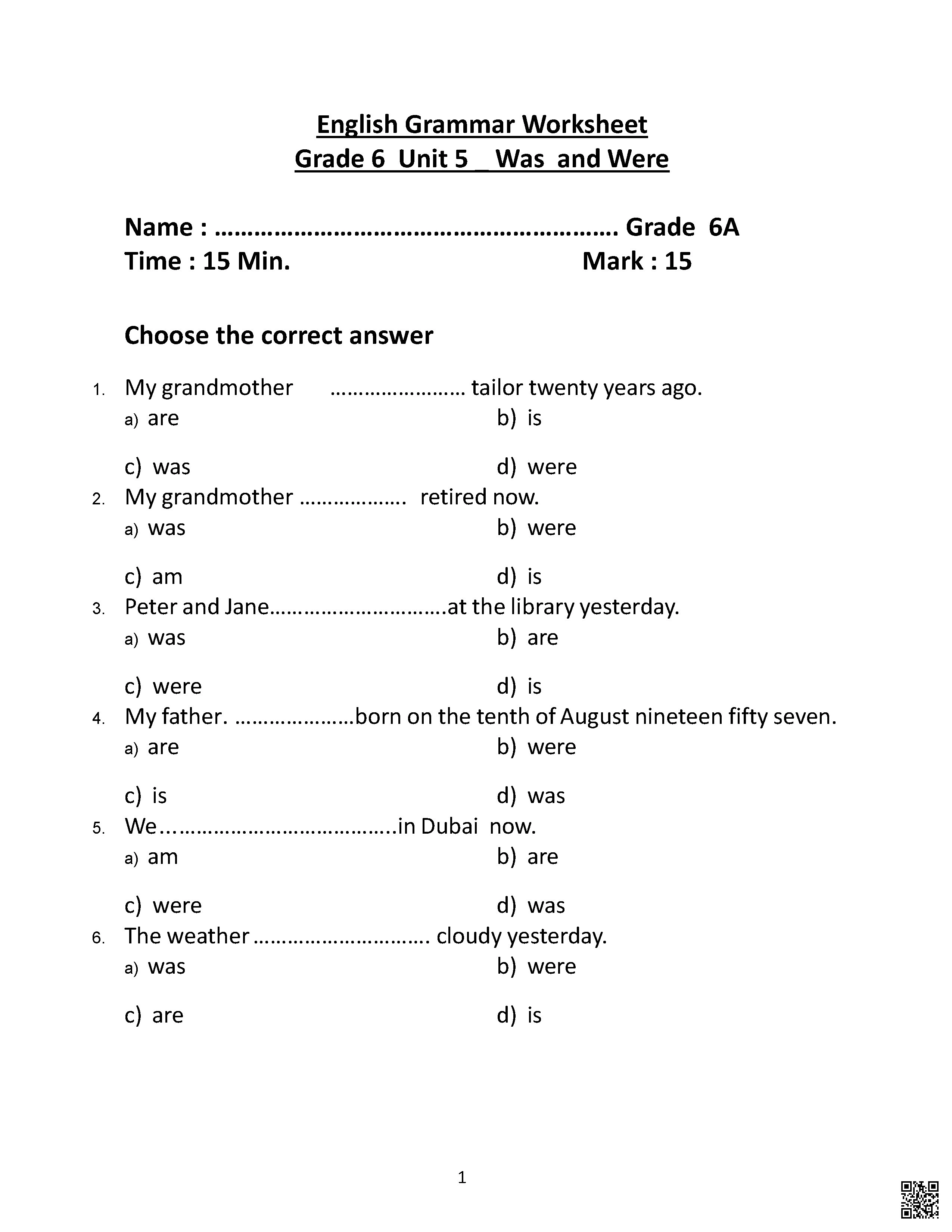 ورقة عمل قواعد Was and Were من الوحدة الخامسة - لغة انجليزية - الصف الصف السادس - الفصل الفصل الثاني