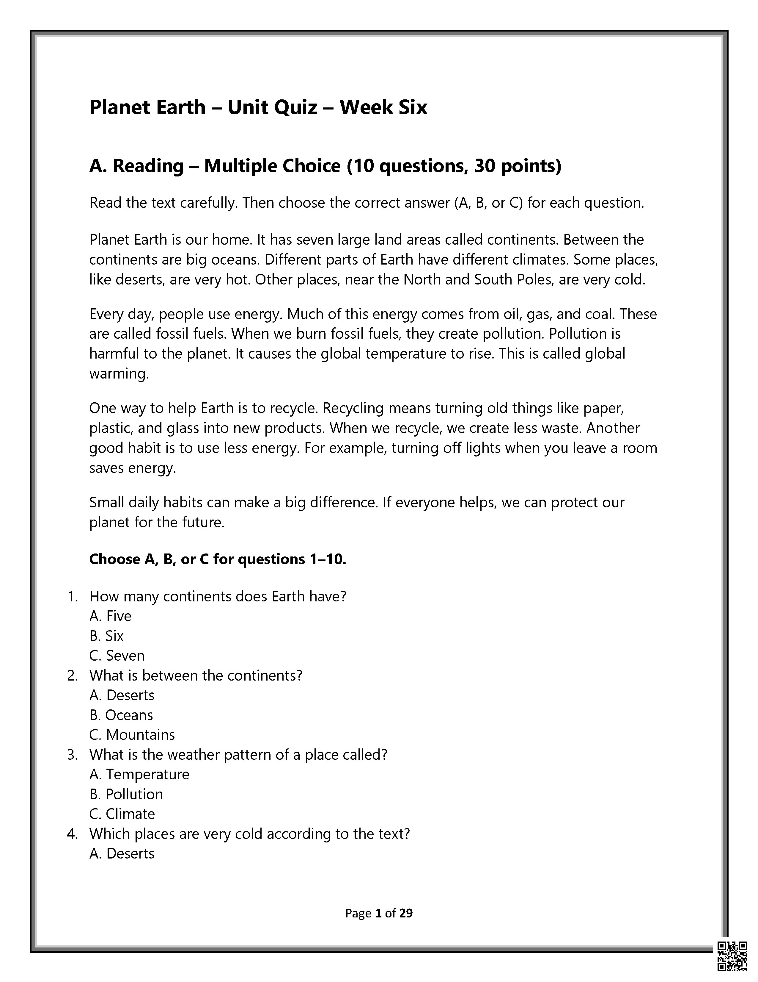 مراجعة أوراق عمل الوحدة التاسعة Planet Earth الأسبوع السادس