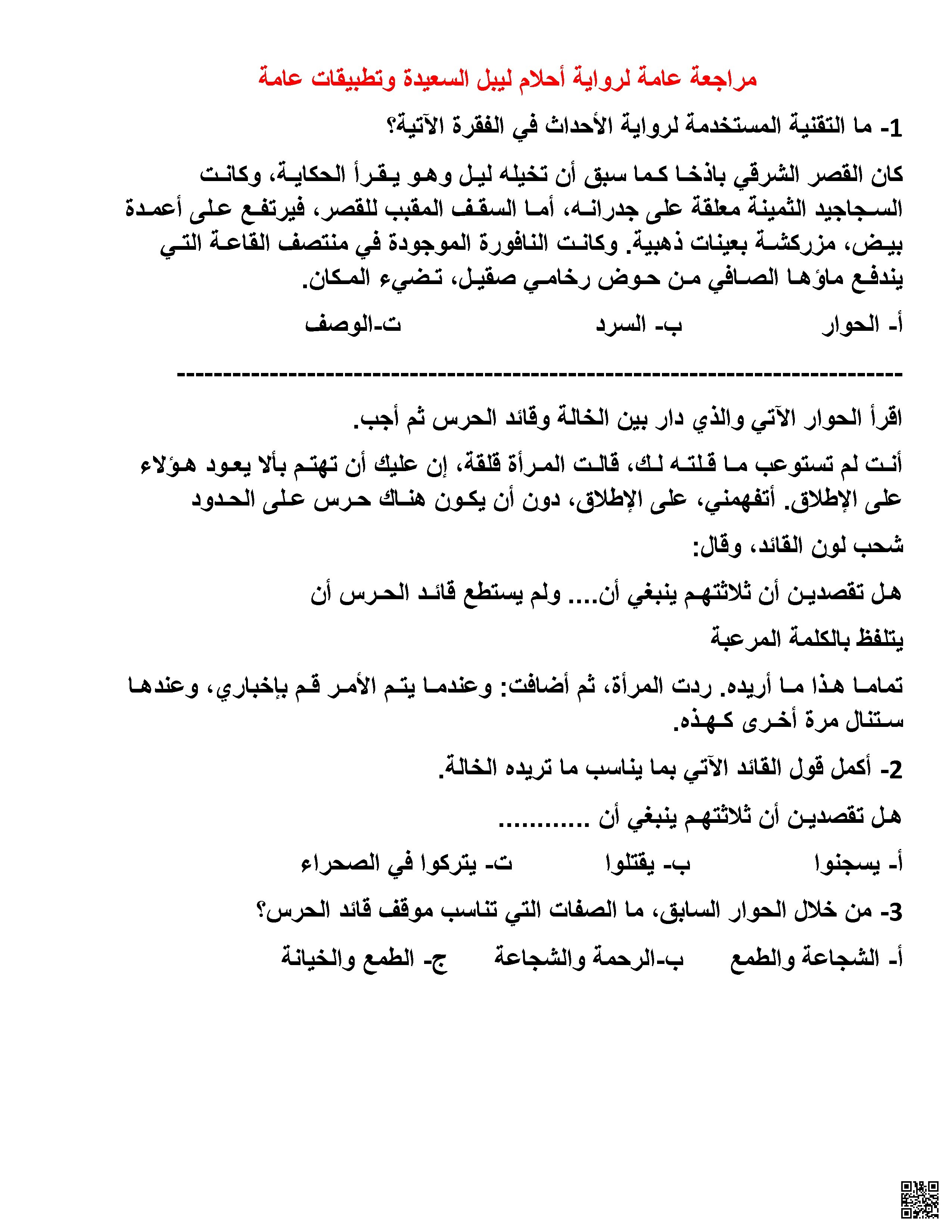 مراجعة عامة لرواية أحلام ليل السعيدة وتطبيقات عامة