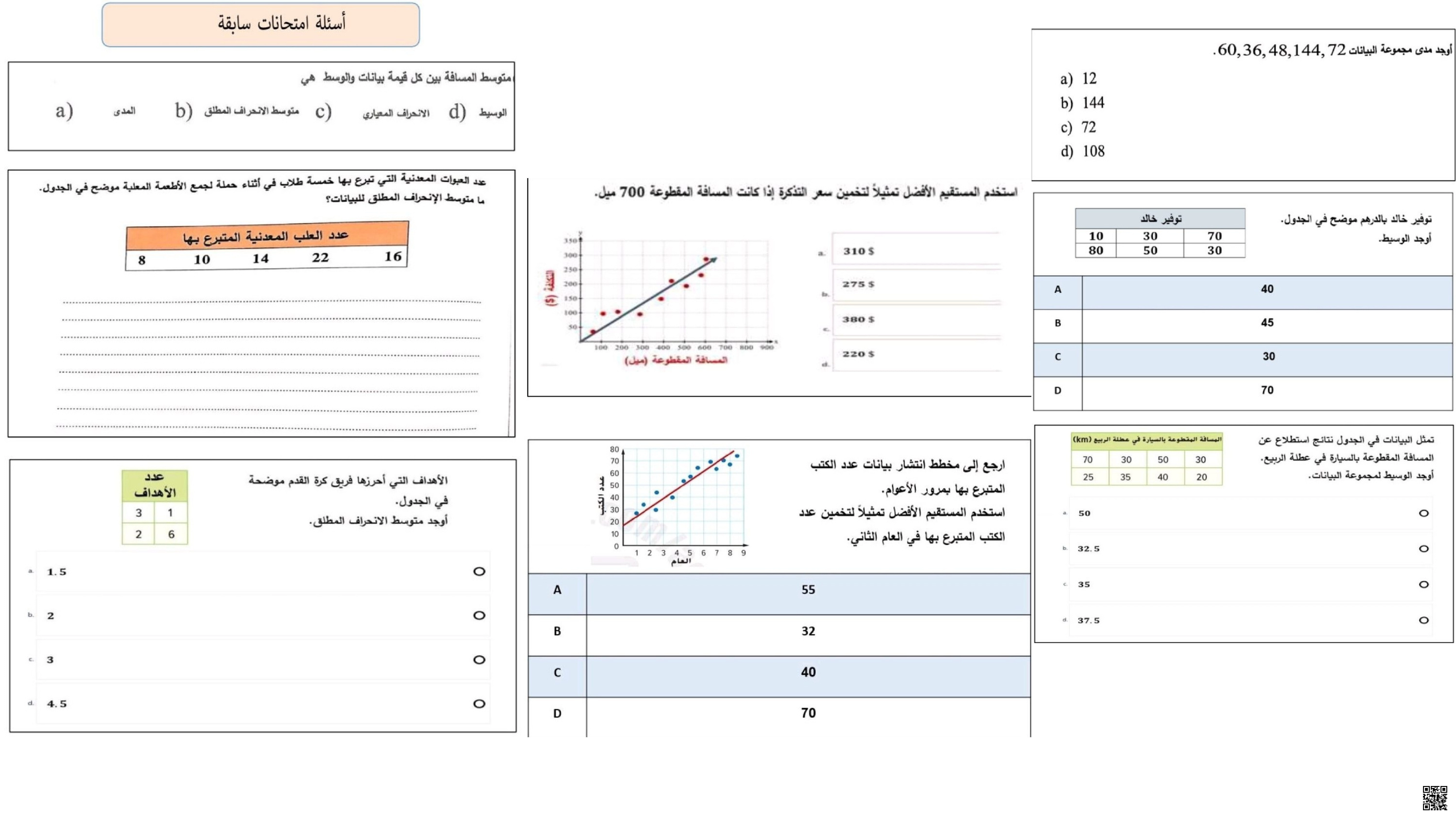 أسئلة امتحانات سابقة في الإحصاء والبيانات