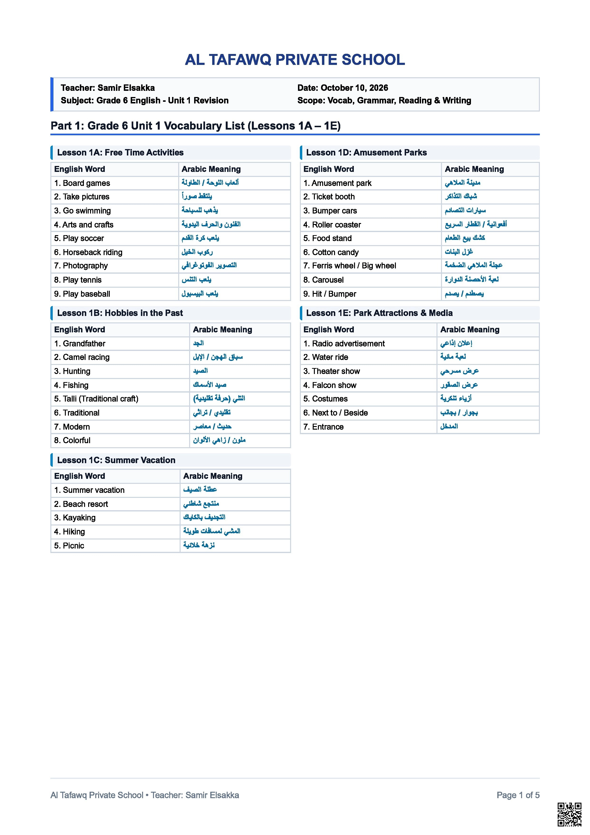 دليل مراجعة الوحدة الأولى
