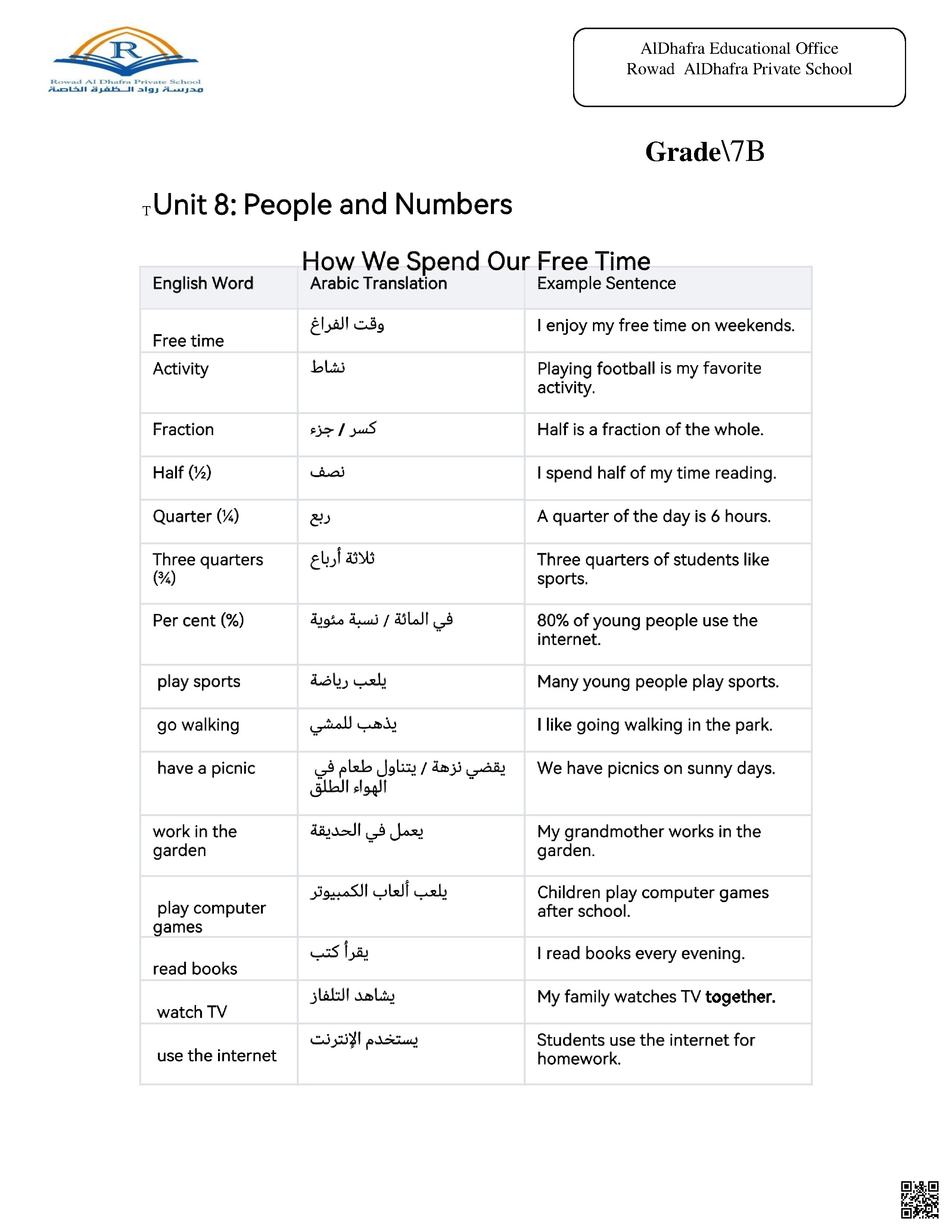 أوراق عمل الوحدة الثامنة People and Numbers - لغة انجليزية - الصف الصف السابع - الفصل الفصل الثالث