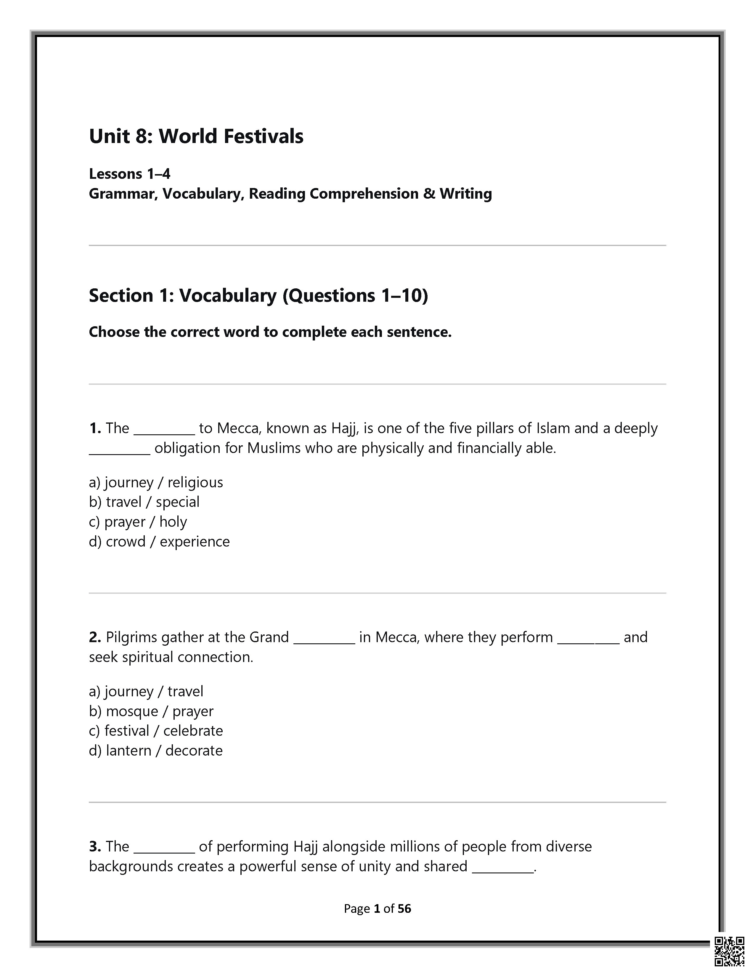 مراجعة مهارات في المفردات والقواعد وفهم المقروء والكتابة - لغة انجليزية - الصف الصف الثامن - الفصل الفصل الثالث