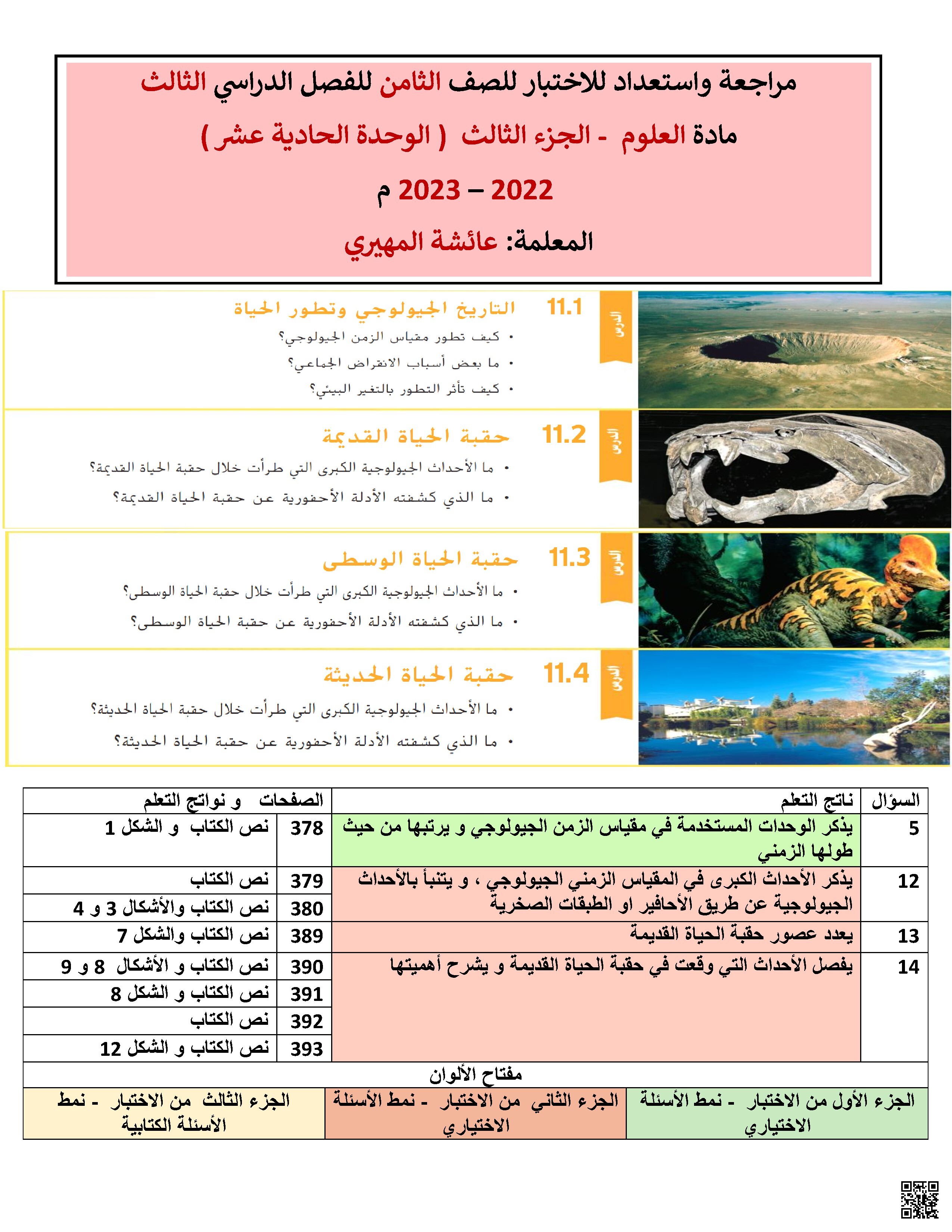 أوراق عمل مراجعة واستعداد للاختبار في الوحدة الحادية عشرة متبوعة بالإجابات