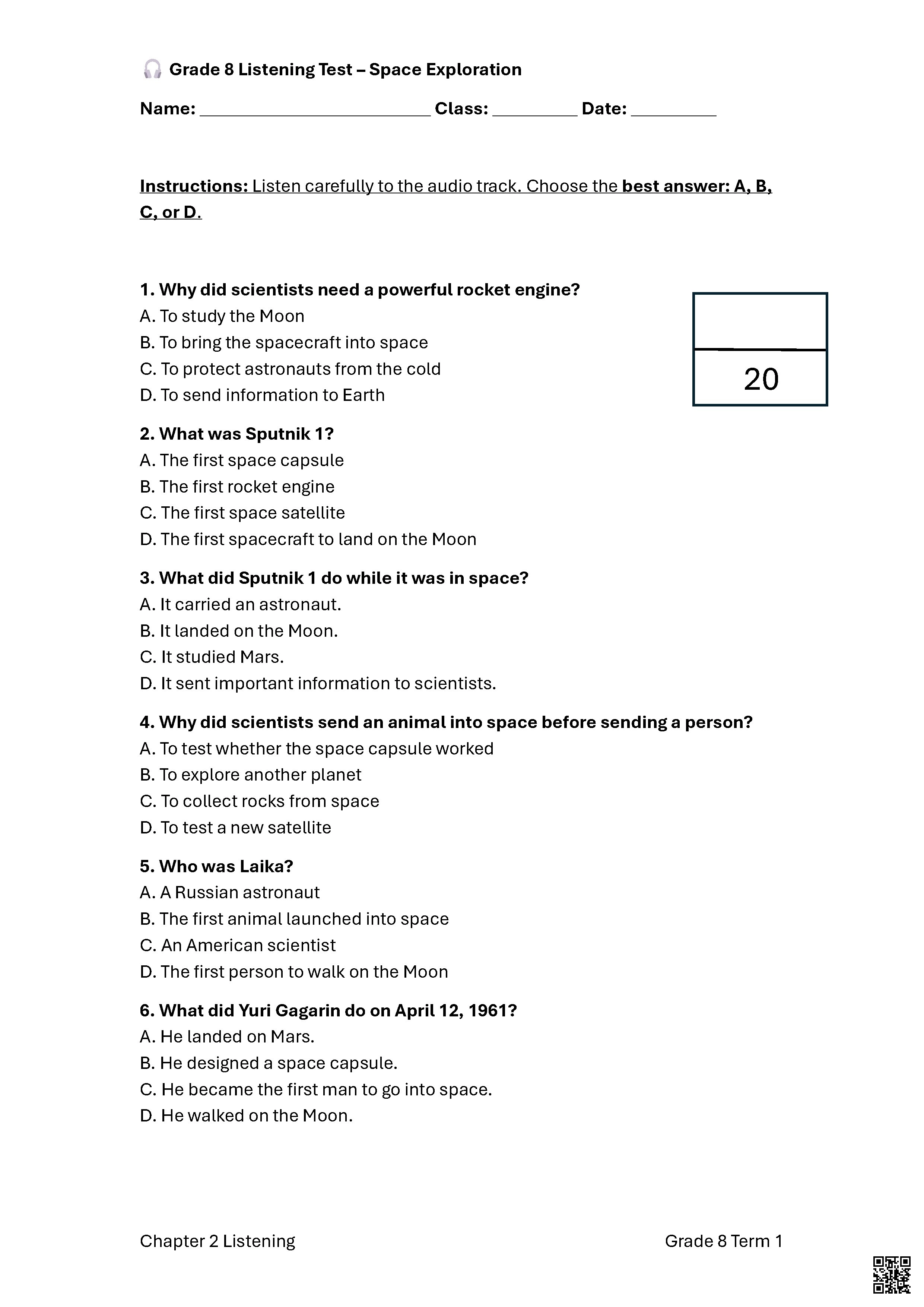 اختبار استماع حول استكشاف الفضاء مع نموذج الإجابة