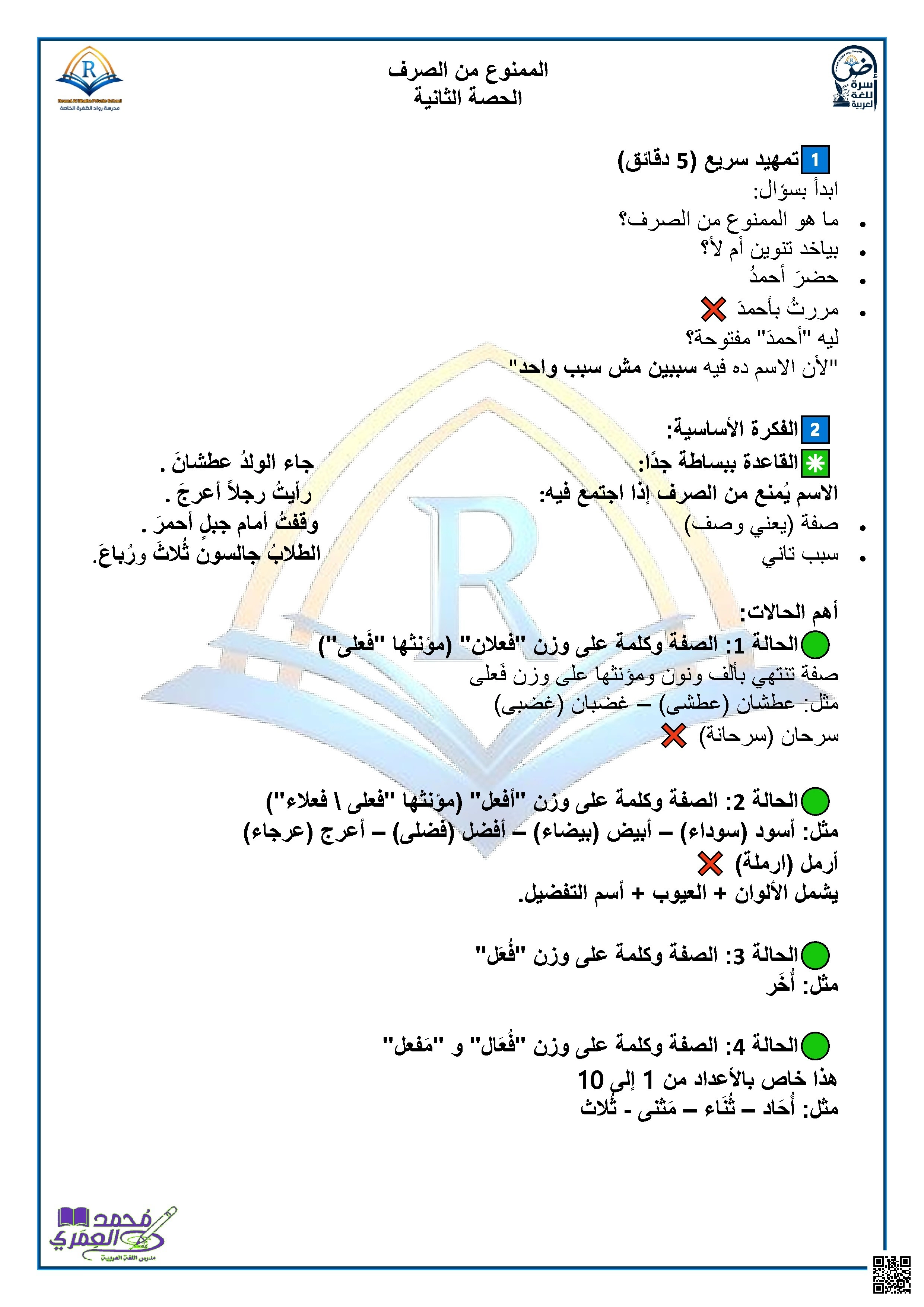 أوراق عمل الجزء الثاني من درس الممنوع من الصرف - لغة عربية - الصف الصف التاسع - الفصل الفصل الثالث