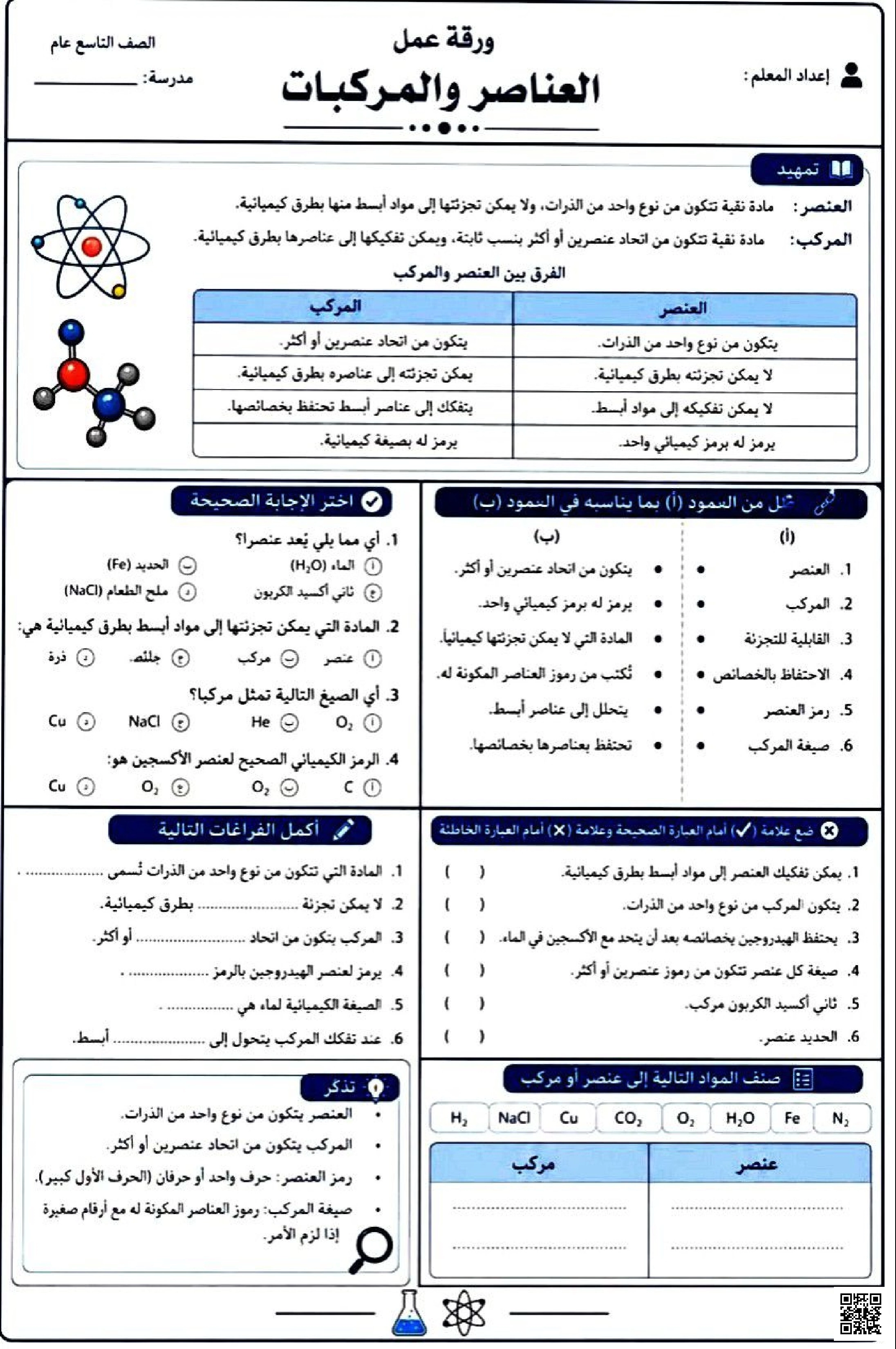 ورقة عمل العناصر والمركبات