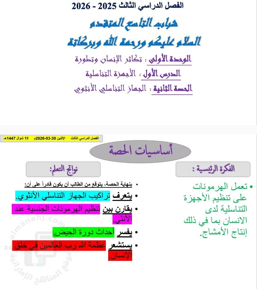 الحصة الثانية الجهاز التناسلي الأنثوي من الدرس الأول الأجهزة التناسلية الوحدة الأولى تكاثر الإنسان وتطوره