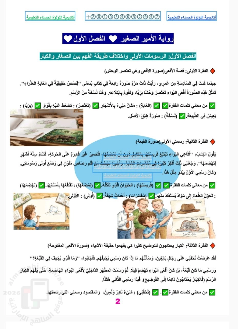 شرح وأسئلة مهمة حول الفصل الأول من قصة الأمير الصغير مع الإجابات