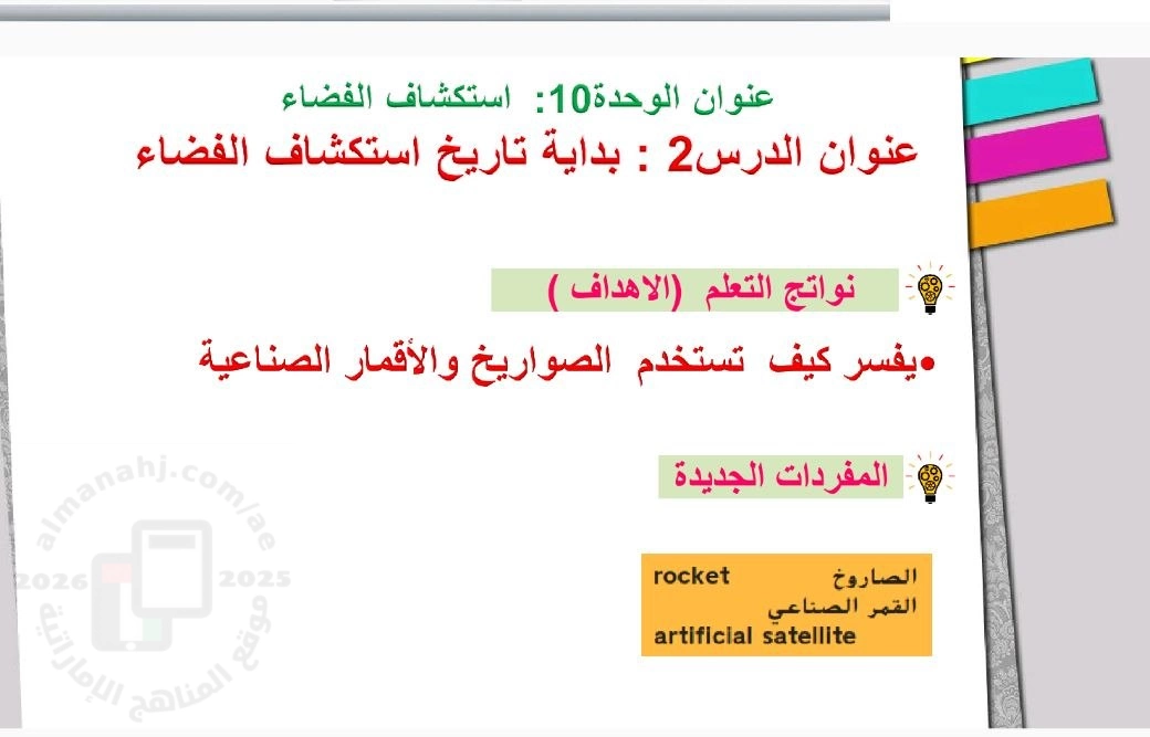 شرح الدرس الثاني بداية تاريخ استكشاف الفضاء من الوحدة العاشرة
