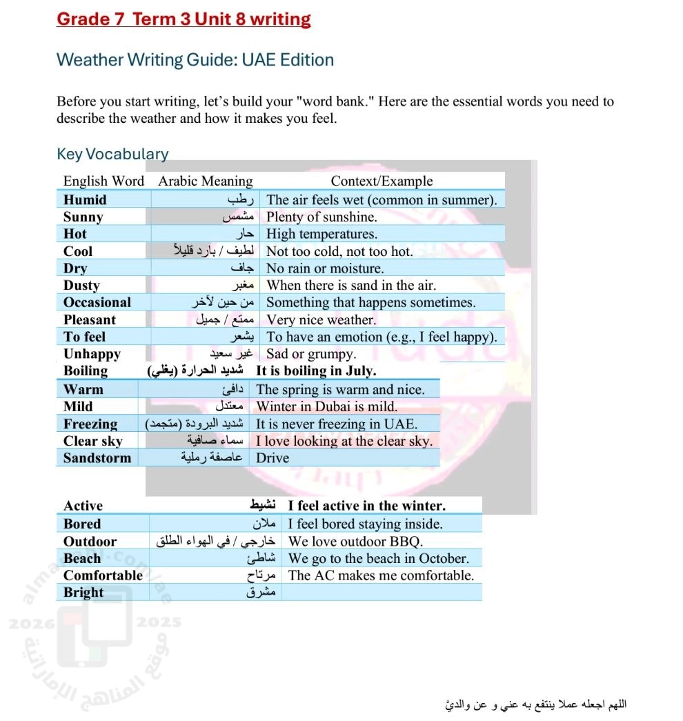 مراجعة كتابة Weather Writing الوحدة التاسعة Climate and weather