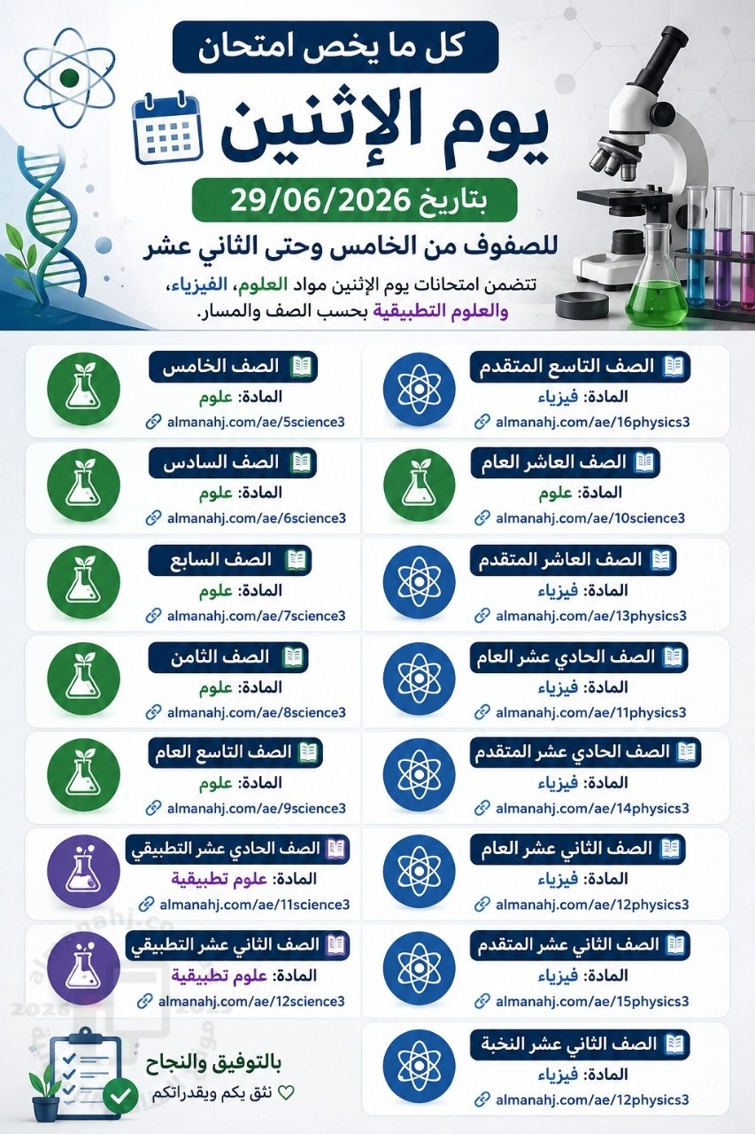 كل ما يخص امتحان يوم الإثنين بتاريخ 29/06/2026 للصفوف من الخامس وحتى الثاني عشر