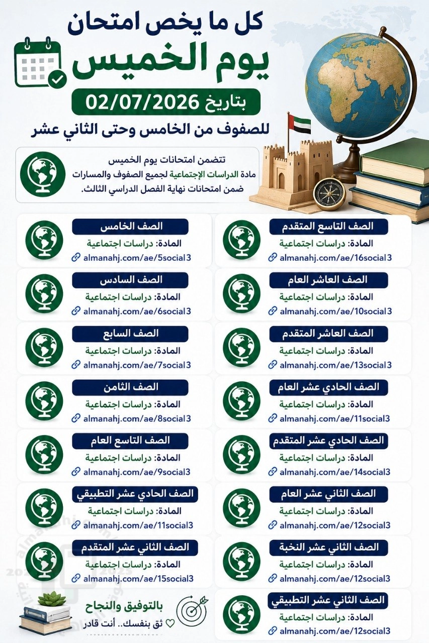 كل ما يخص امتحان يوم الخميس بتاريخ 2026/7/2 للصفوف من الخامس وحتى الثاني عشر