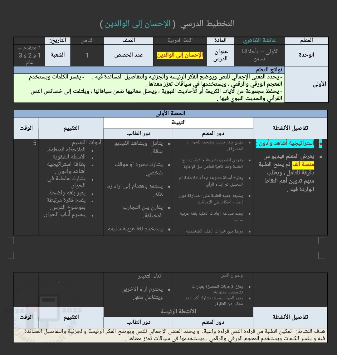 التخطيط الدرسي (الإحسان إلى الوالدين)