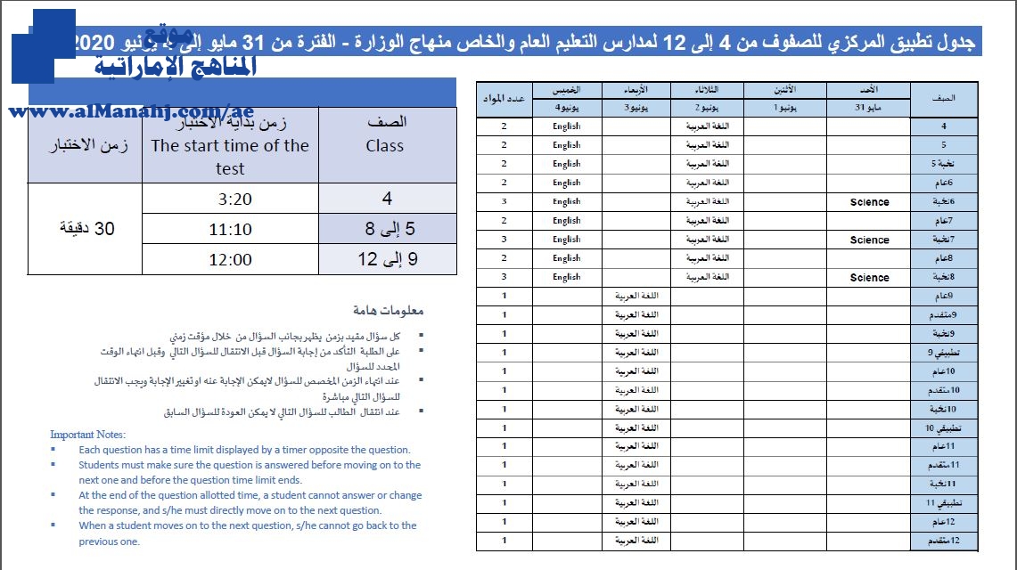 جدول تطبيق الاختبار المركزي للصفوف من 4 إلى 12 لمدارس التعليم العام والخاص المطبق لمنهاج وزارة التربية الفترة من 31 مايو إلى 4 يونيو أخبار الامتحانات الفصل الثالث 2019 2020 المناهج الإماراتية