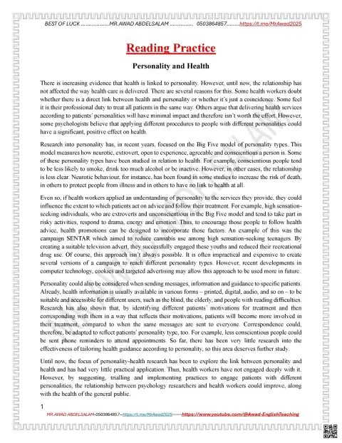 Reading Practice: Personality and Health